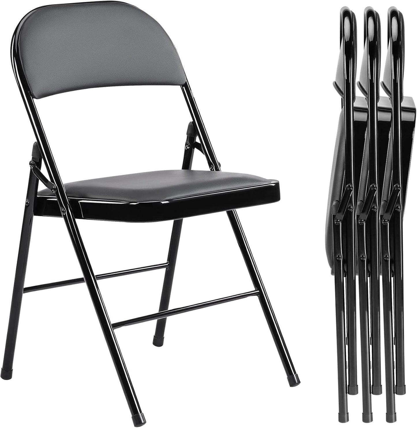 DUMOS 4 Pack PU Leather Padded Folding Chair, for Indoor and Outdoor Events, Portable Stackable Seat with Steel Frame, for Home, Office, Party, Dining, Black