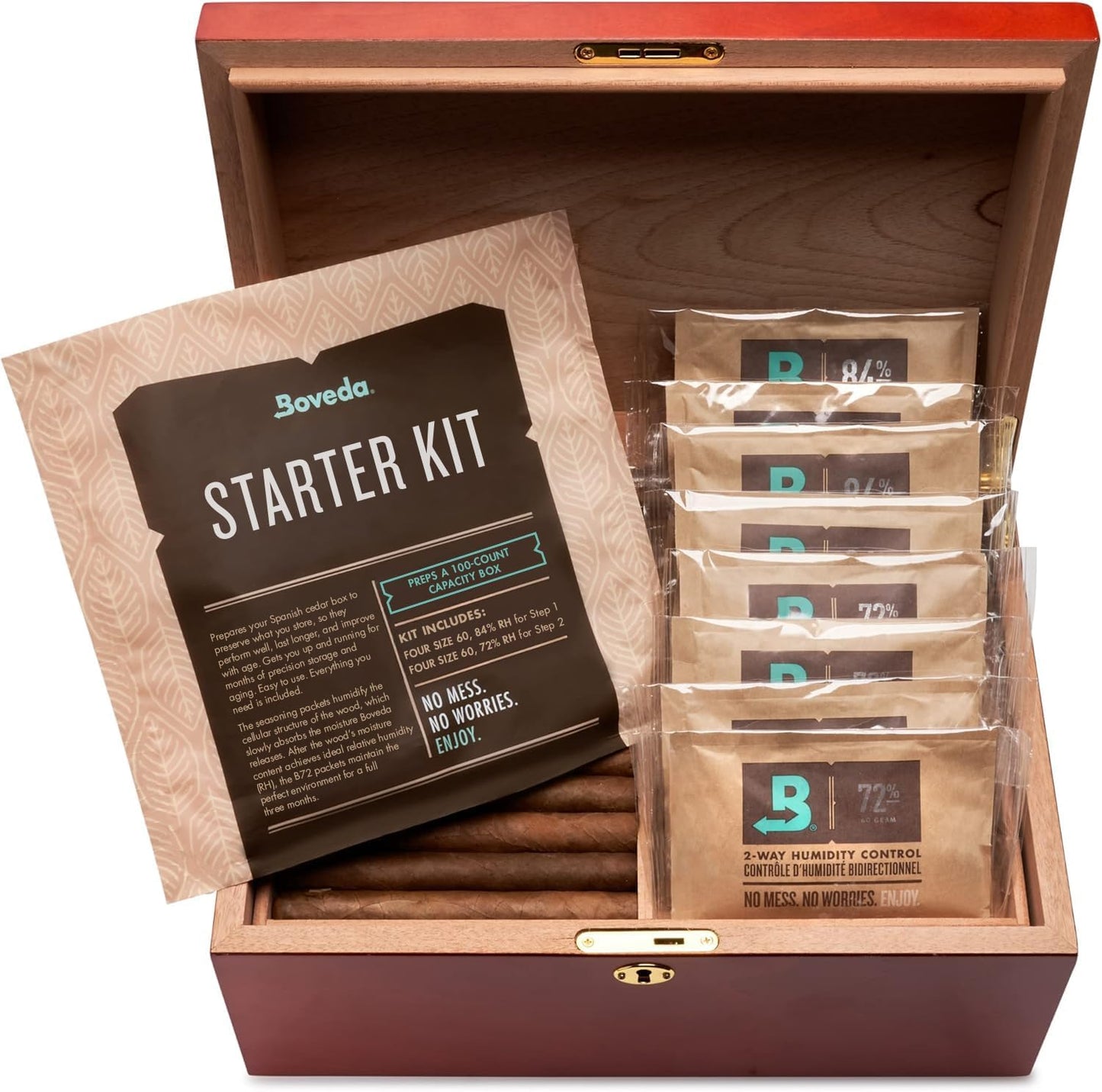 Boveda Starter Kit Bundle: Season a Wood Storage Box Plus Maintain Humidity with 2-Way Humidity Control | Includes (4) Each Size 60 Boveda 84% & 72% | 1-Count