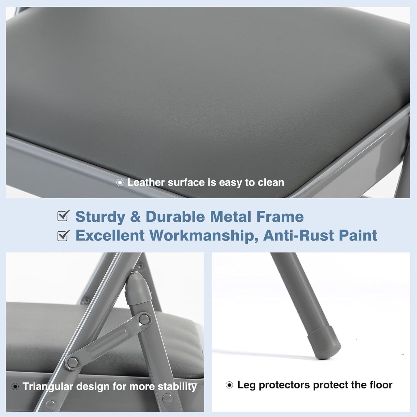 DUMOS 2 Pack Folding Chairs with Padded Cushion and Back - PU Leather Stackable Portable Dining Chairs Set, for Home and Office, Conference, Wedding, Party, Patio, Garden, for Indoor Outdoor, Grey