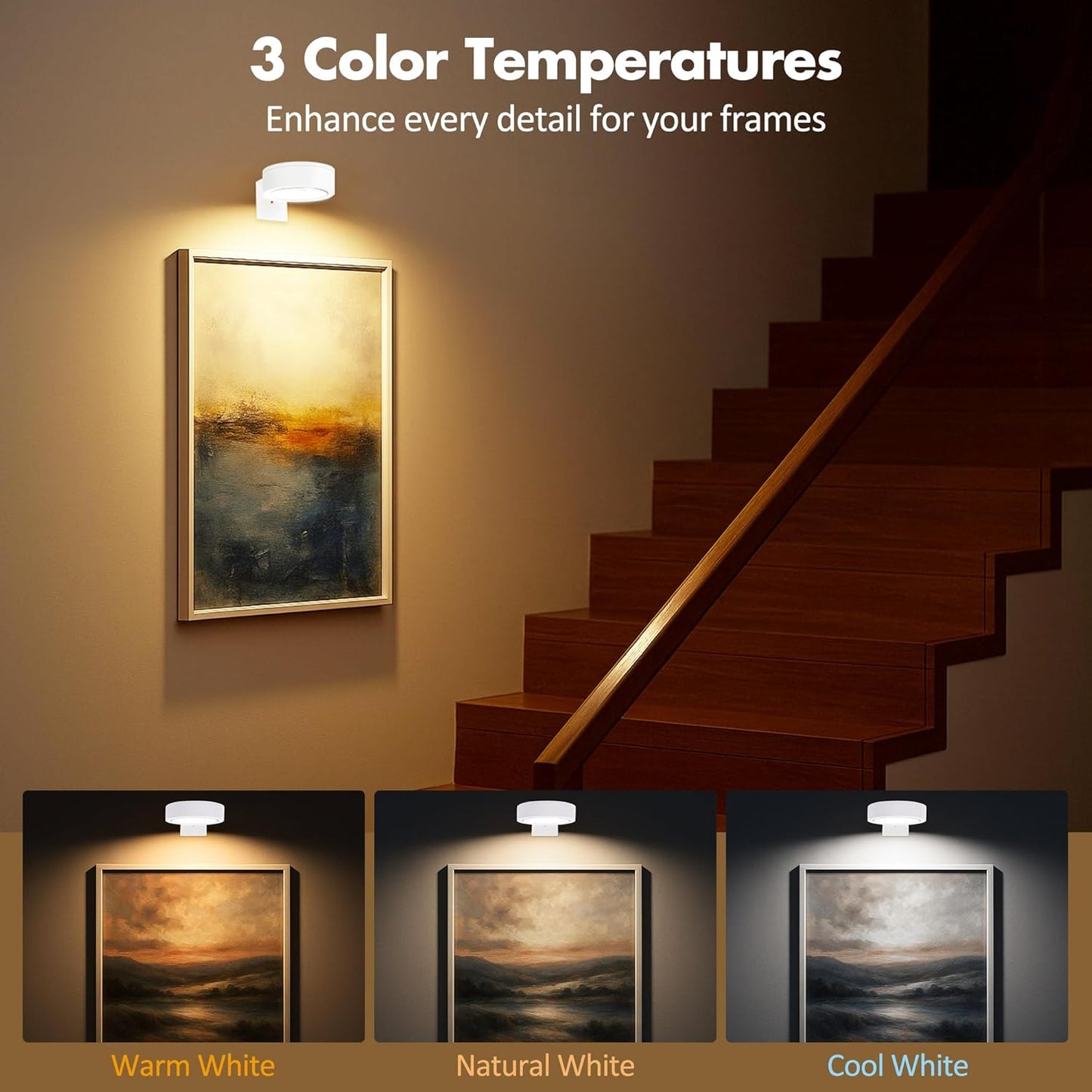 3Pcs Picture Light Battery Operated, Wireless Led Painting Light with Remote Dimmable and Timer, 3 Lighting Modes Art Display Light for Picture Frame Artworking Portrait, Wall Decorative Puck Lights