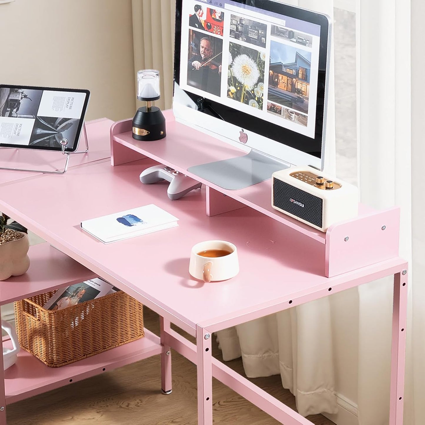 MINOSYS 47-inch Computer Desk with Storage Shelf - Ideal Gaming Desk for Bedrooms, Small Spaces, and Home Offices Modern Writing Desk for PCs,Pink Table.
