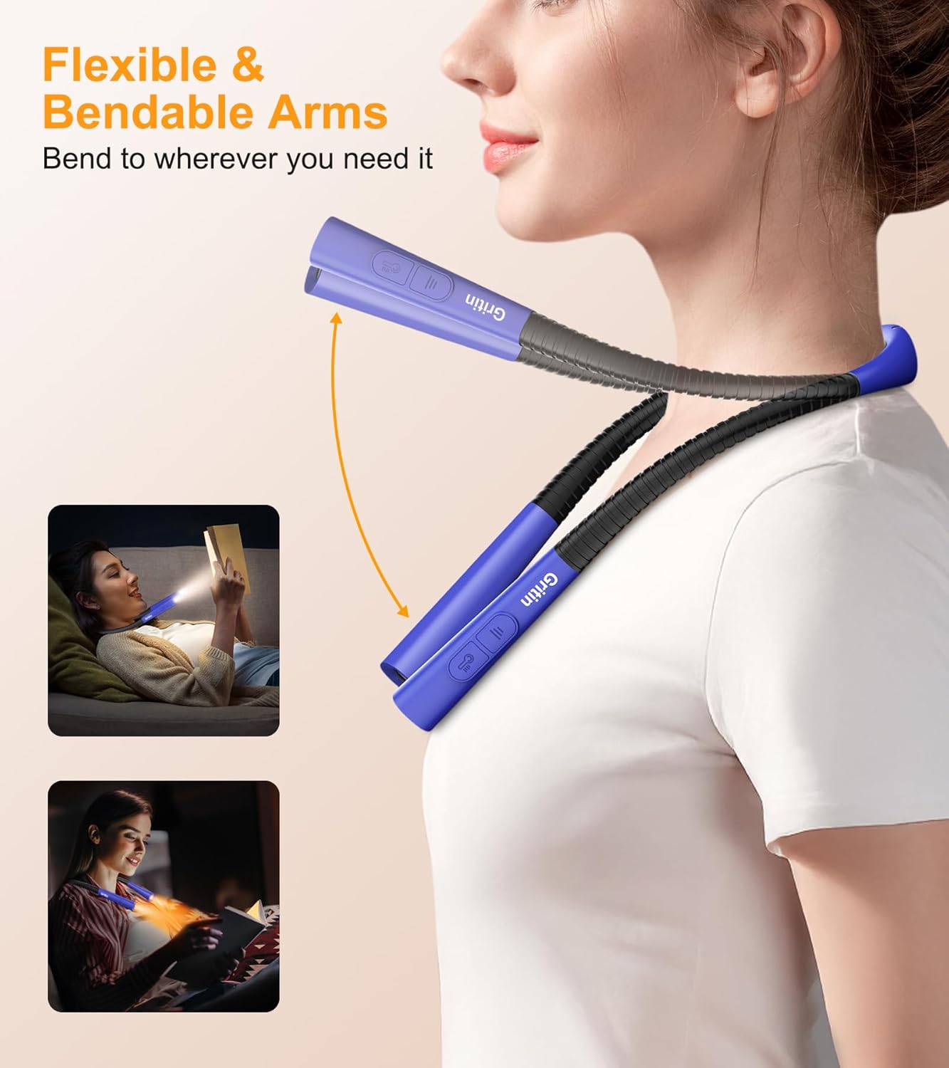 Gritin Book Light, Eye Caring 4-Color & 5-Brightness Neck Light Reading Light- Stepless Dimming,30-min Timer,80+ Hrs Runtime,Bendable Round Neck Design, Lightweight for Reading-Dark Blue