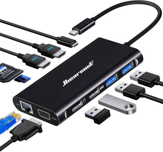 Hiearcool USB C Docking Station, 11-in-1 Dock, HDMI, VGA, Ethernet, Black