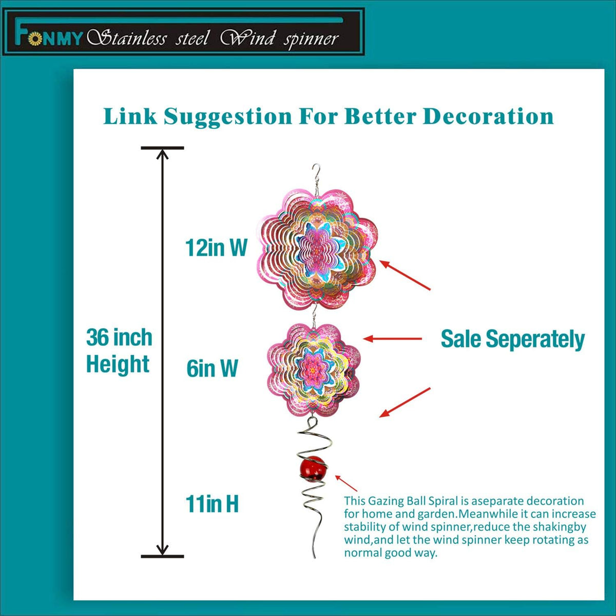 FONMY Wind Spinner 3D Stainless Steel by Laser Cut Indoor/Outdoor Garden Decoration Crafts Ornaments Kinetic Yard Art Decorations 6 inches Pink Flower Mandala Wind Spinners