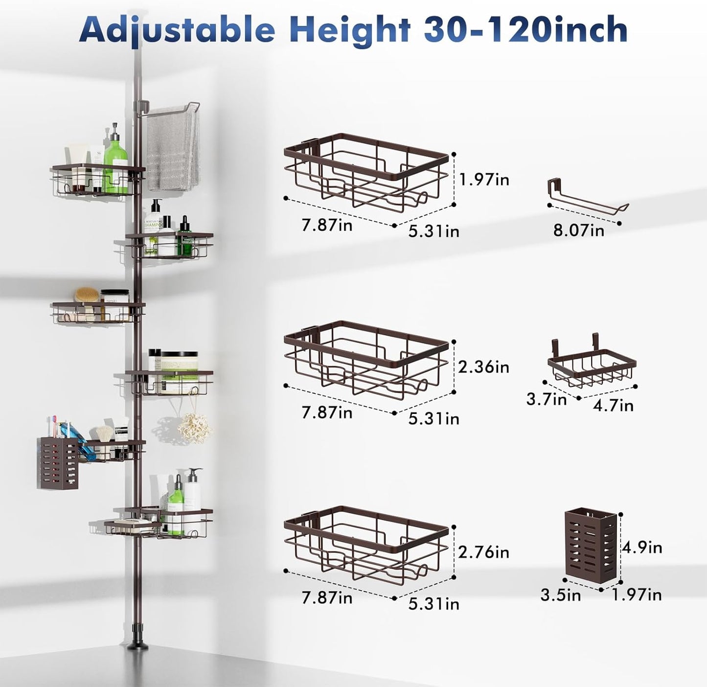 Vatex Corner Shower Caddy Tension Pole,Adjustable 30-120 Inch Bathroom Organizer Storage,Rustproof 6-Tier Shower Corner Shelves,Towel Rack, Toothbrush Holder, Soap Dish Organizers