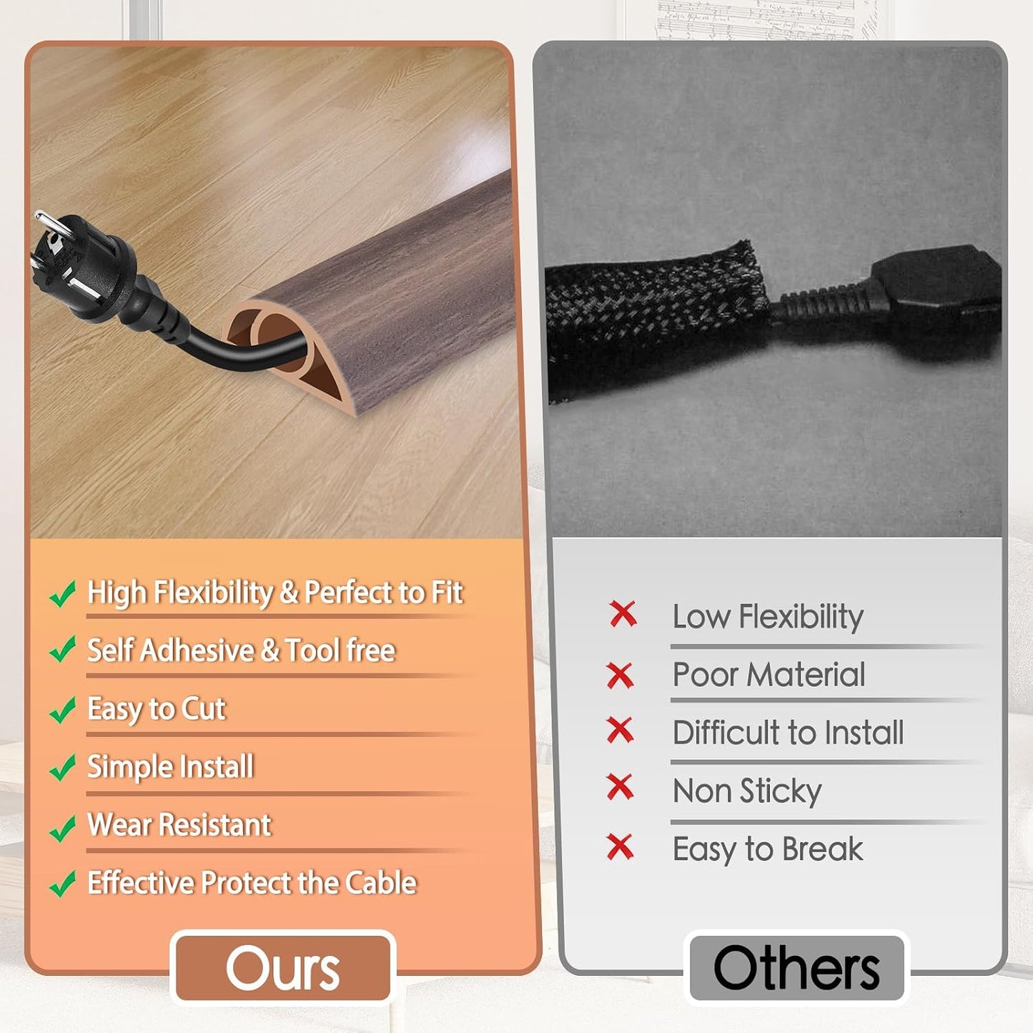 Floor Cord Cover for Wires on Floor Self Adhesive Cord Hider | Floor Cable Cover Floor Wire Covers for Cords Prevent Cable Trips, Cord Cavity W 0.32" x H 0.32", Grayish Brown Wood, 10Ft