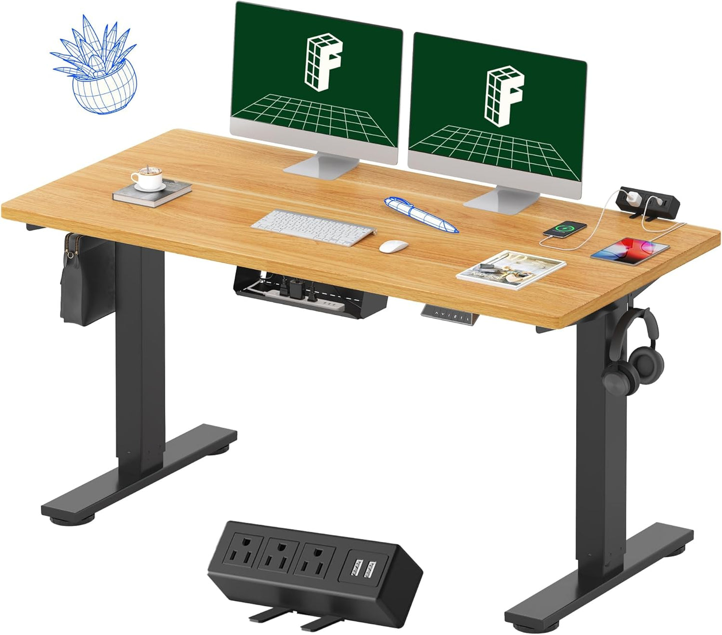 FLEXISPOT EN2 Whole-Piece Standing Desk with Clamp Power Strip, 55 x 28 Electric Stand Up Height Adjustable Desk with Cable Management (Black Frame + 55" Maple Top, 2 Packages)
