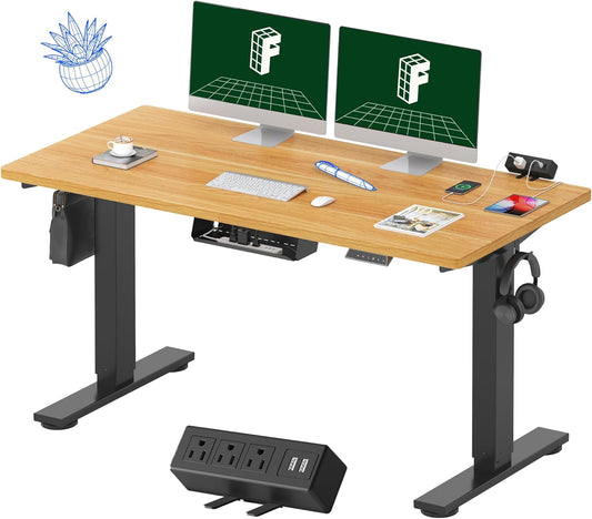 FLEXISPOT EN2 Whole-Piece Standing Desk with Clamp Power Strip, 55 x 28 Electric Stand Up Height Adjustable Desk with Cable Management (Black Frame + 55" Maple Top, 2 Packages)