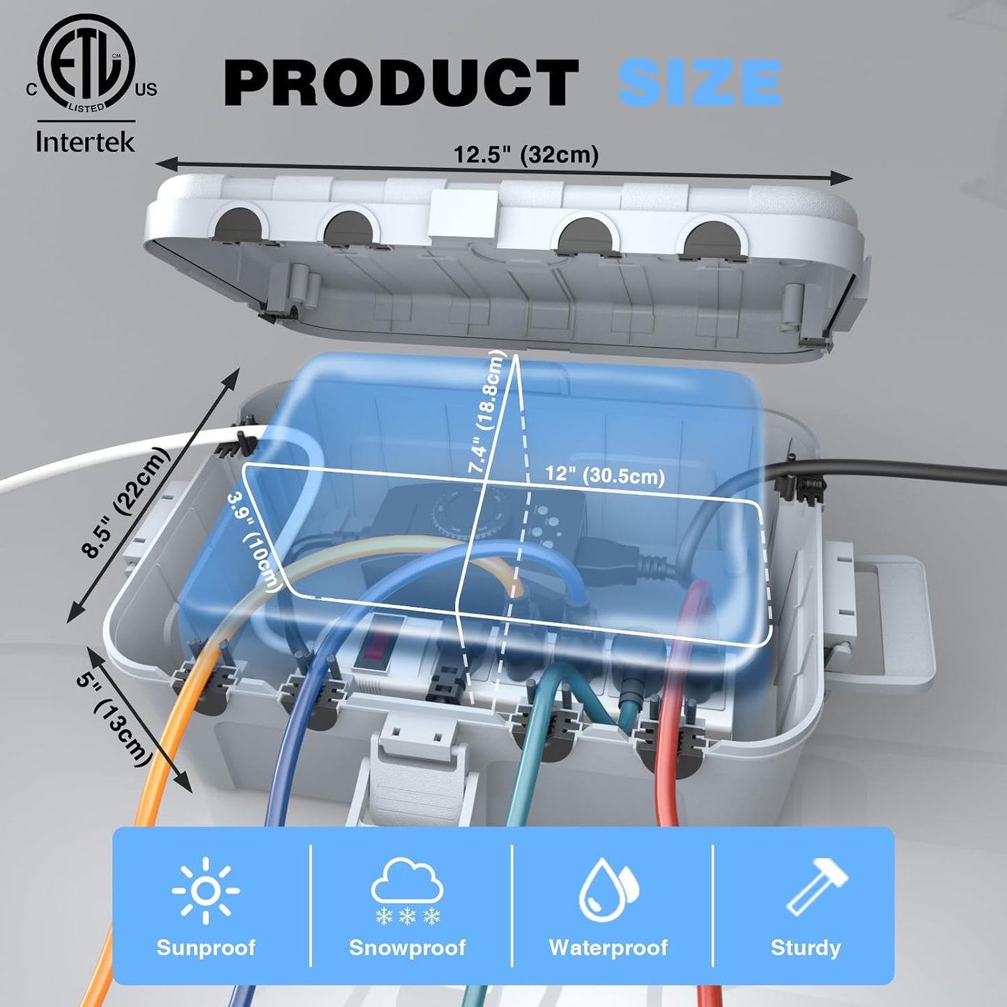 Flemoon Large Outdoor Electrical Box, Waterproof Extension Cord Cover | Inner Size 12 x 7.4 x 3.9 Inch, 6 Cable Entry Ports, Weatherproof Connection Box for Outlet, Timer, Holiday Light, Light Gray