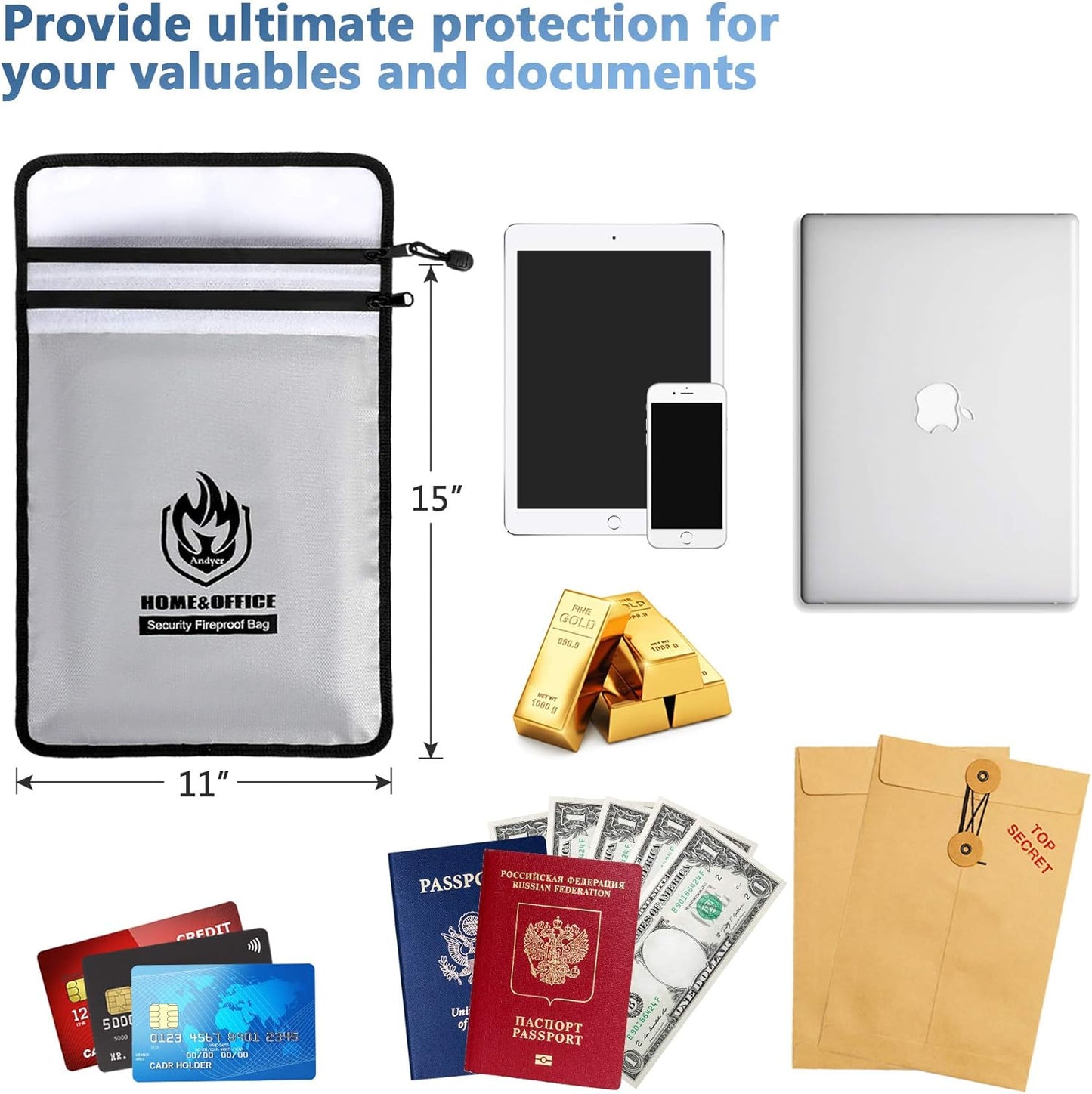 Upgraded Two Pockets Fireproof Document Bag (2000℉), andyer 15”x 11”Waterproof Fireproof Money Bag for Cash with Zipper, Important Document Storage Organizer for Valuables, Legal Documents Safe