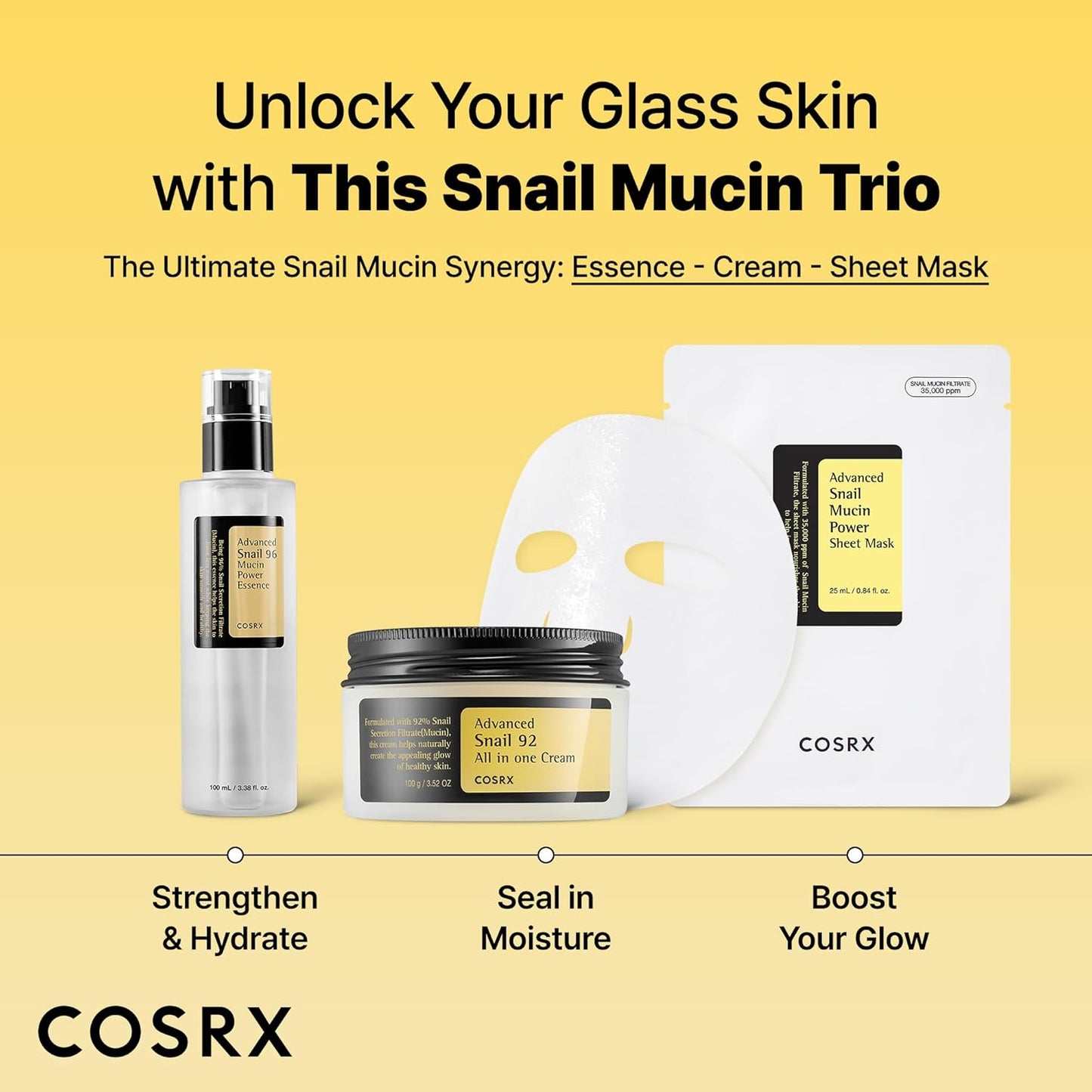 COSRX Snail Mucin Sheet Mask 10 EA with Snail Mucin Serum, Hydrating Face Sheet Masks for Dry & Sensitive Skin, Korean Face Mask, Korean Skin Care