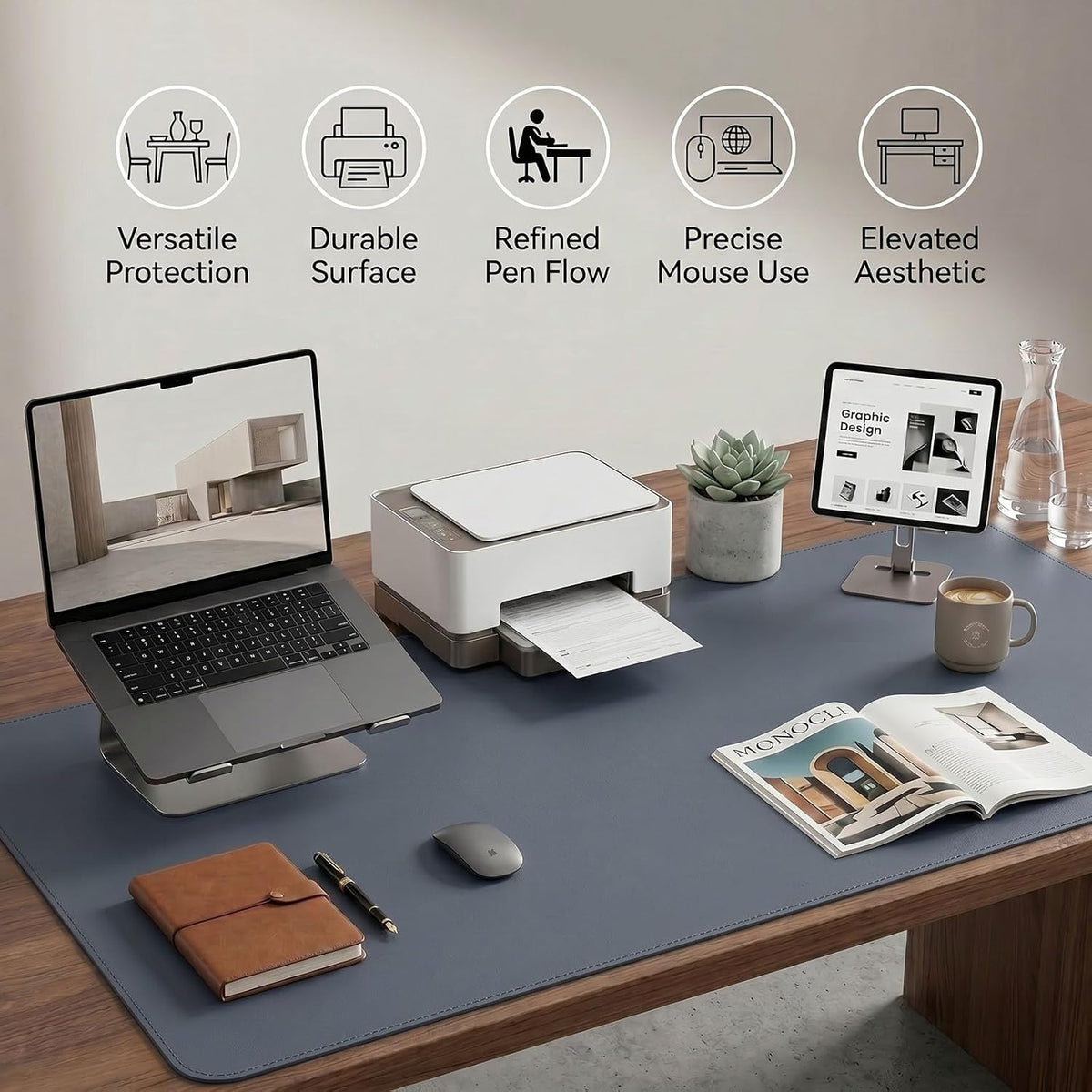 Large Desk Pad Non-Slip Desk Mat Protector for Keyboard Mouse Waterproof Vegan Leather Surface Faux Leather Laptop Mat Smooth Mouse Pad Premium Gift Tube Dusk Navy 47" x 23"