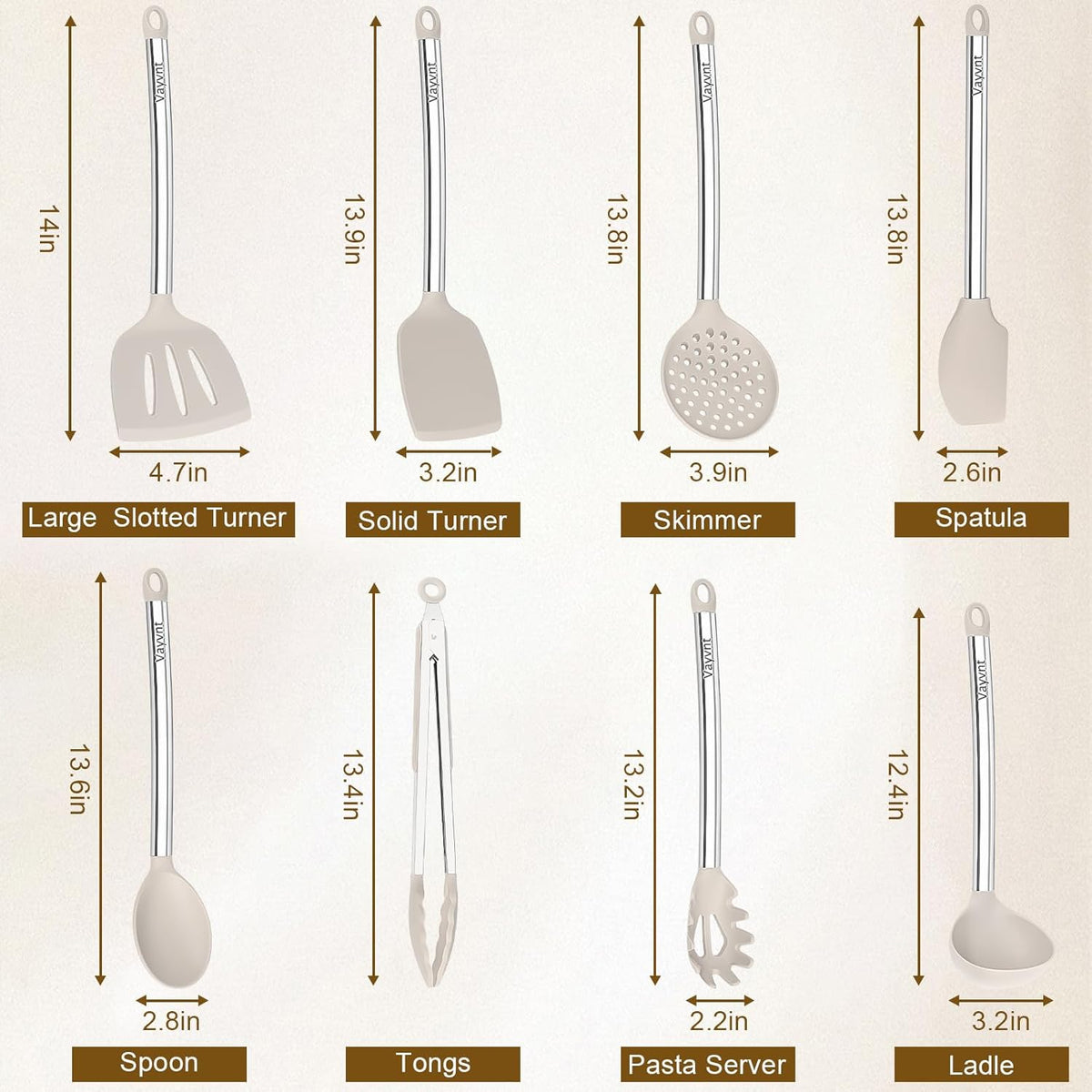 8 Pieces Kitchen Utensils Set, Vayvnt Silicone Cooking Utensils Set for Non-Stick Cookware, Stainless Steel Handle, Heat Resistant Kitchen Gadgets Includes Large Spatula Tongs, Dishwasher Safe, Khaki