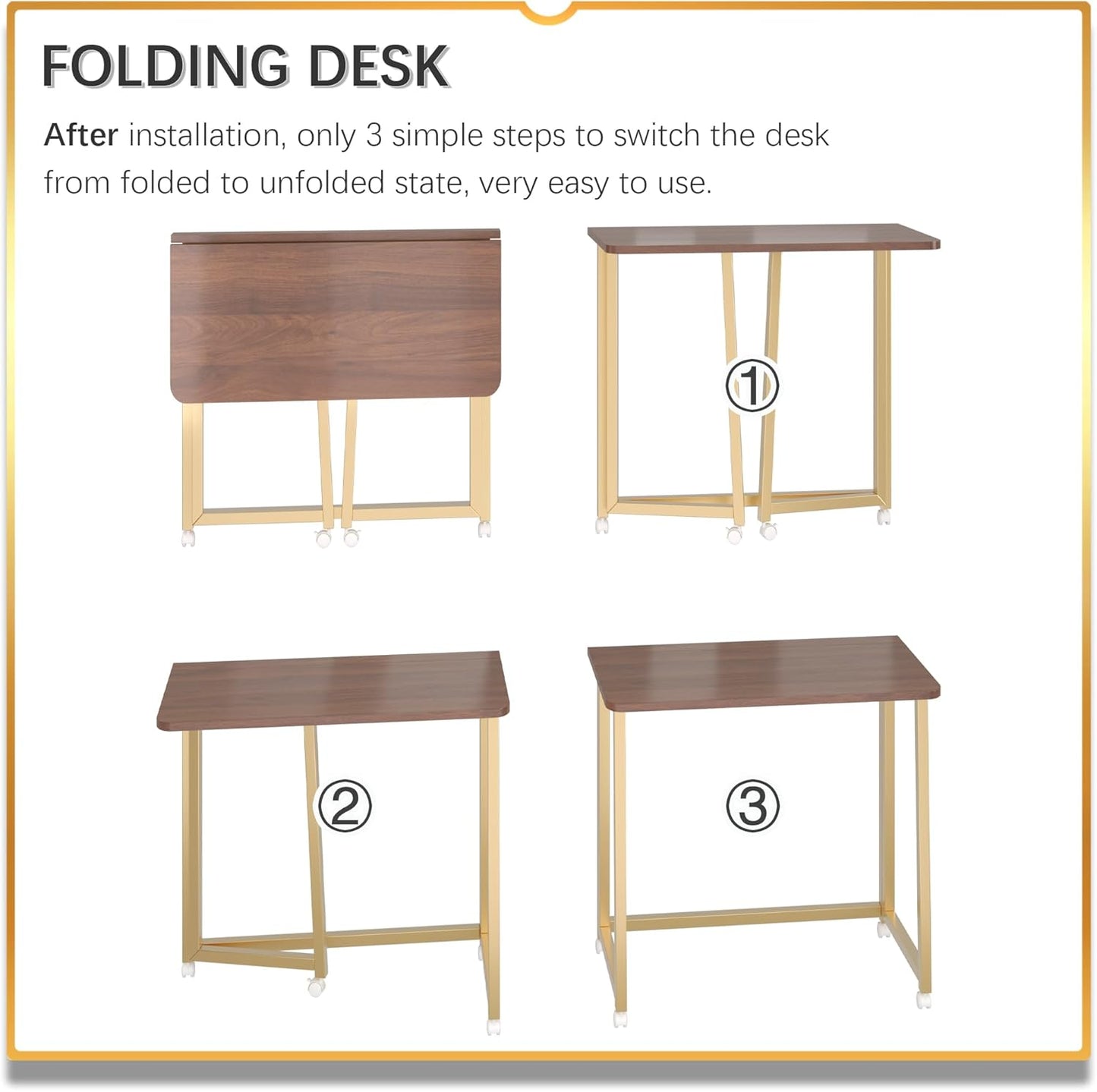 4NM 23.6" Mobile Small Folding Desk, Foldable Rolling Computer Home Office Desk, Study Writing Table for Small Space Saving Bedroom, with Wheels - Brown and Gold