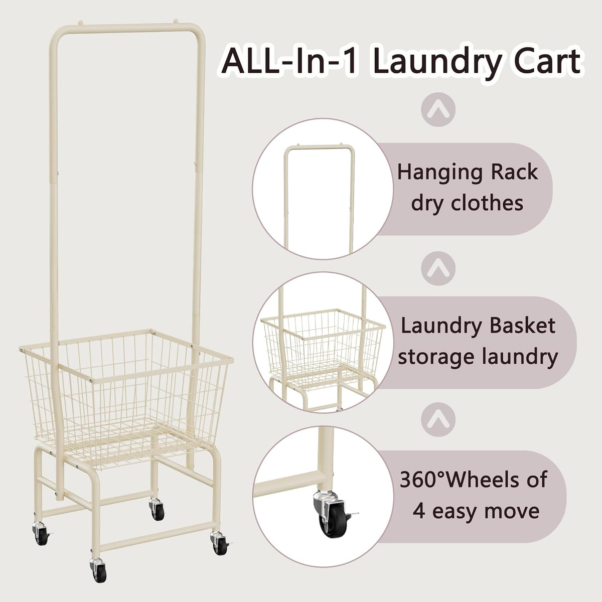 Rolling Laundry Cart with Wheels, Laundry Hamper Basket Organizer with Clothes Hanging Rack, Wire Storage Cloth Shelf Butler, Cream