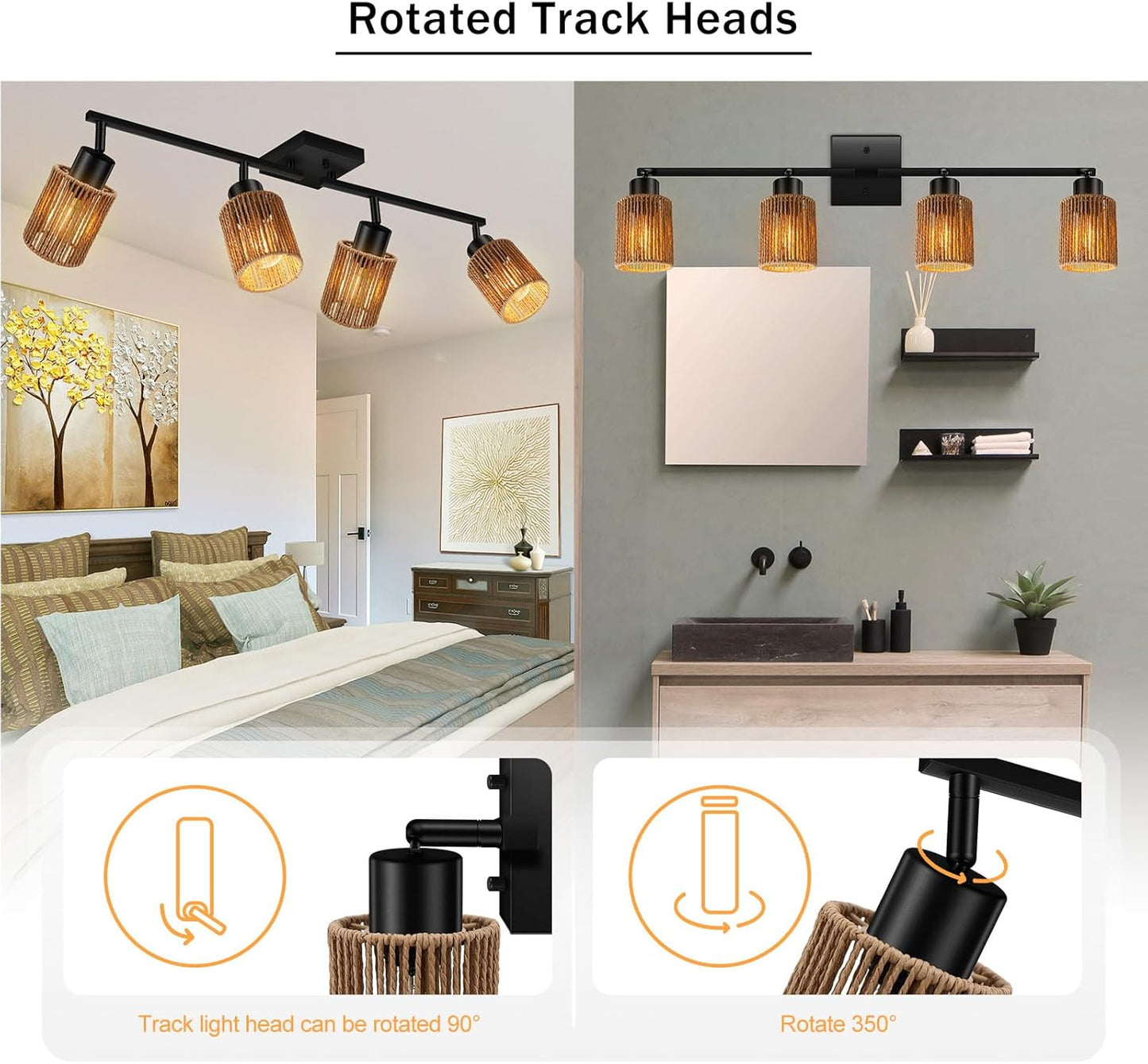 BoostArea 4 Light Track Lighting Kit, 4 Way Ceiling Spot Lighting with Handwoven Hemp Rope Lampshade, Flexibly Rotatable Light Head for Kitchen, Living Room, Bedroom, Bulb Not Included