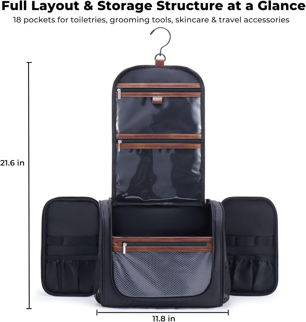 Ralnitote Large Hanging Toiletry Bag for Men, Travel Bathroom Bag with Hook, Hygiene Bag Organizer for Shower, Shaving & Grooming Essentials, Black