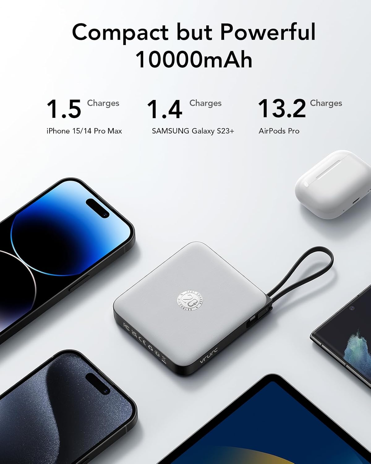 VRURC Portable Charger with Built-in Cable, 10000mAh 22.5W Fast Charging USB C Battery Pack, Cell Phone Power Bank for iPhone 17 16 15 Series Android Tablet (Grey)
