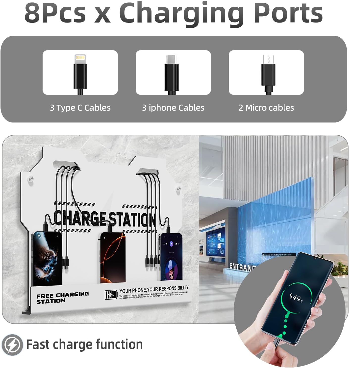 Mechanical Type Wall Mounted Charging Station with 8 PortHigh Speed Cables - Universal Dock for Apple, Type-C & Android Devices, Perfect for Airports, Hotels, Offices, School (White)
