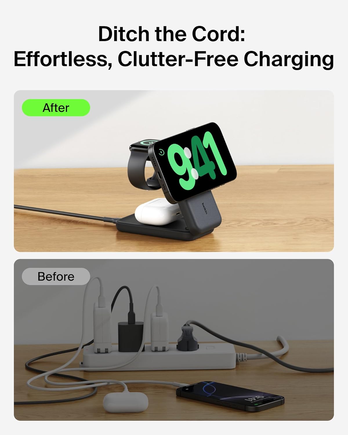 Belkin MagSafe Charger Compatible, 3-in-1 Charging Station, Qi2.2 25W Magnetic Wireless Charger Dock, Foldable Charging Stand for iPhone 17/16/15, Apple Watch, AirPods, Pixel 10 (45W Adapter Included)