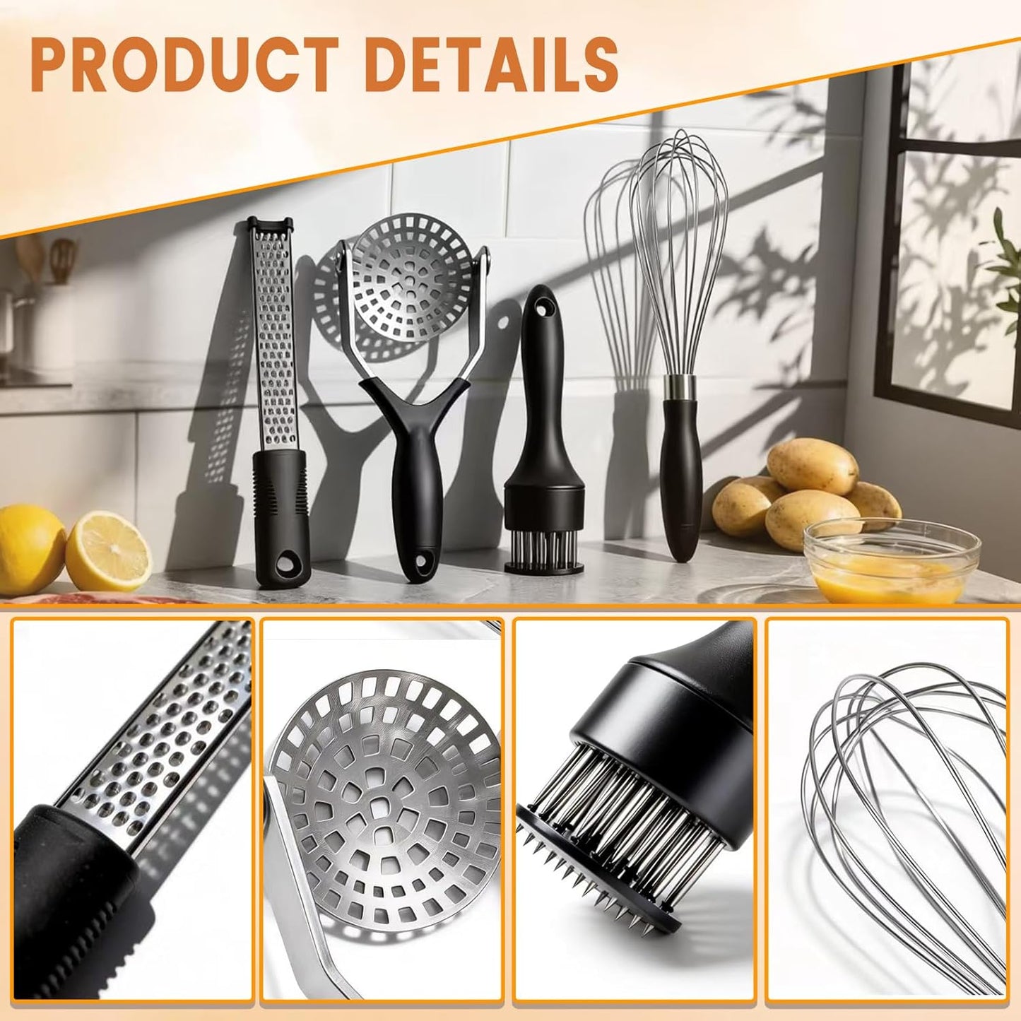 4-Piece Kitchen Gadget Set - Includes Balloon Whisk, Meat Tenderizer, Potato Masher, Grater/Zester, 304 Stainless Steel, Dishwasher Safe