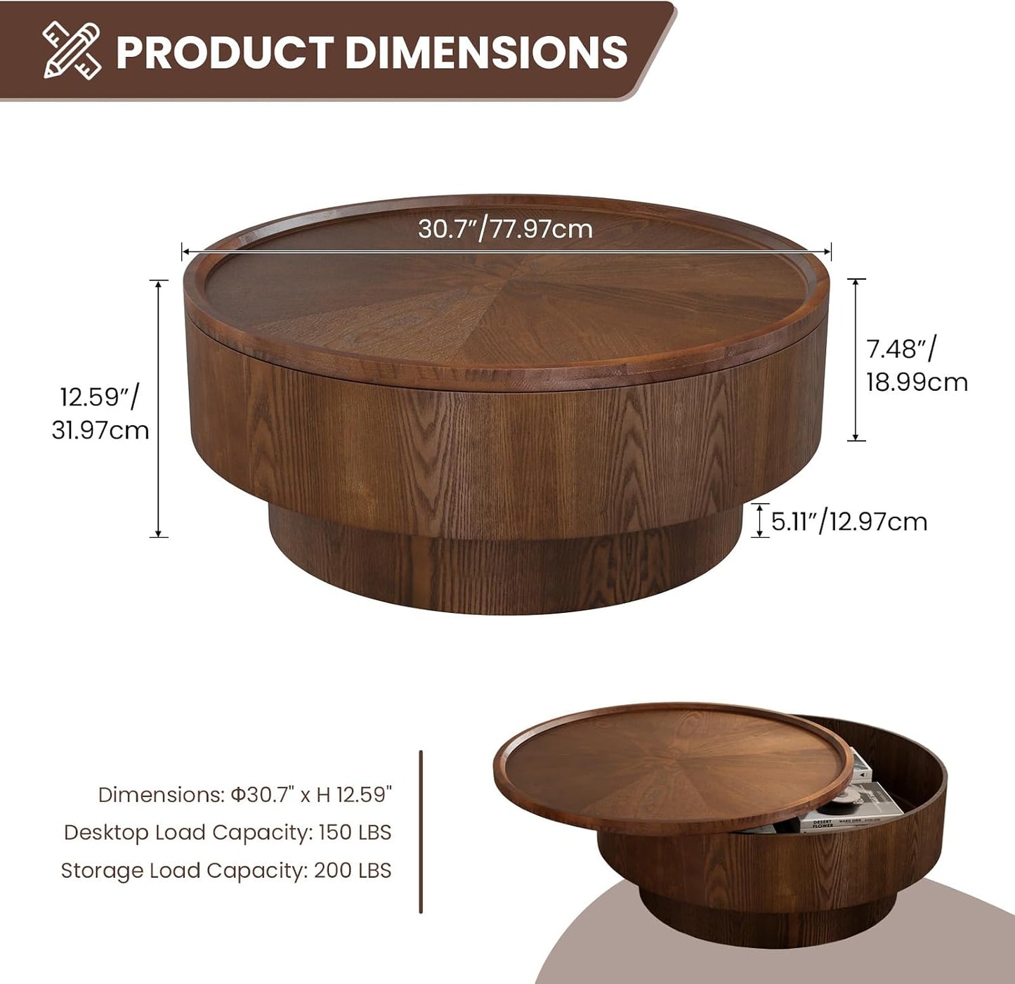 JHKZUDG 30.7" Small Round Coffee Table with Storage for Small Space | Wood Drum Coffee Table Mid Century Modern Circle Center Table Accent Tables for Living Room Apartment Easy Assembly