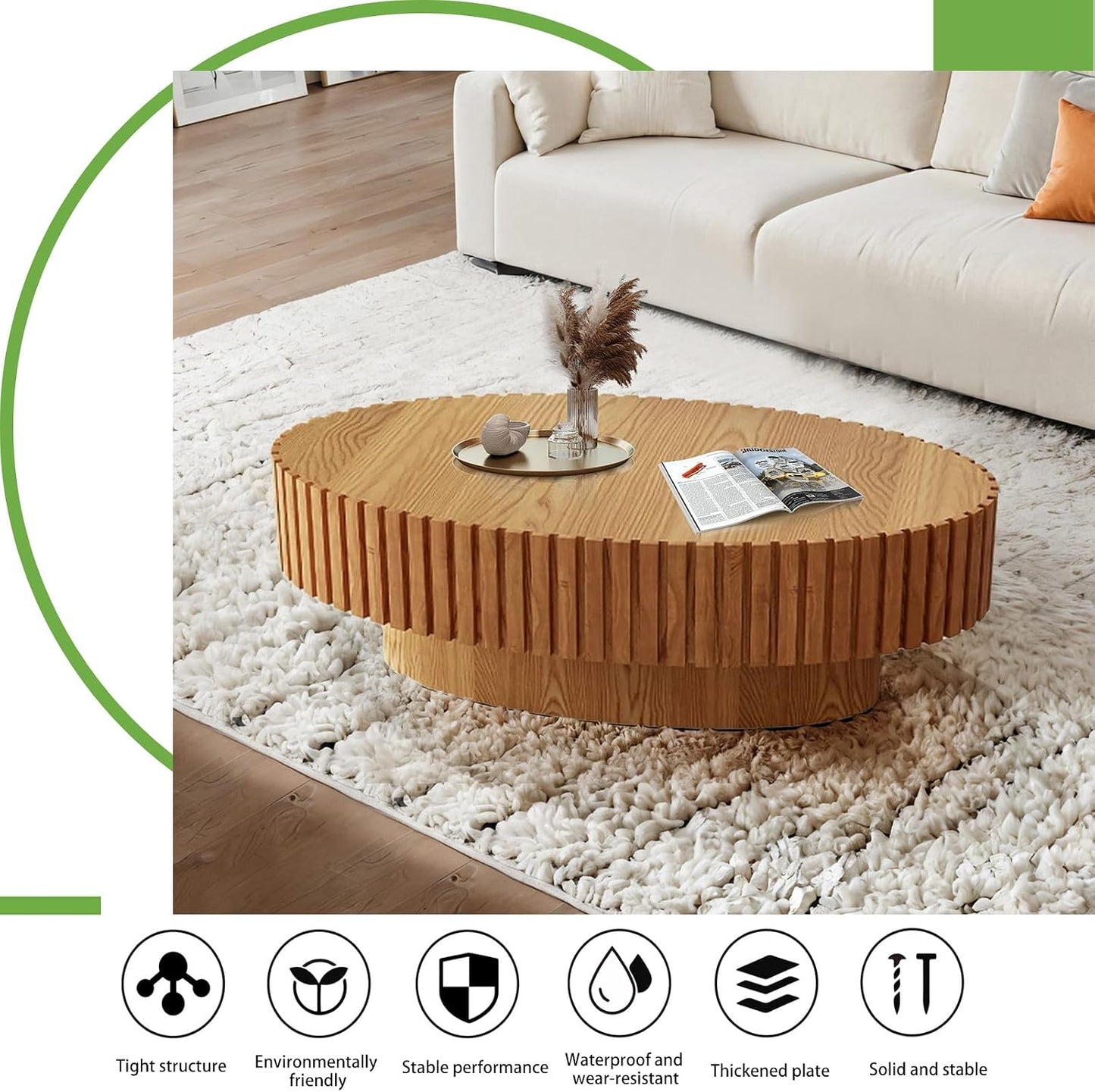 Handmade Oval Grooved Drum-Shaped Coffee Table (C Wood 43in) | Rustic Modern Circular Centerpiece for Living Room & Farmhouse Decor、Easy to Clean