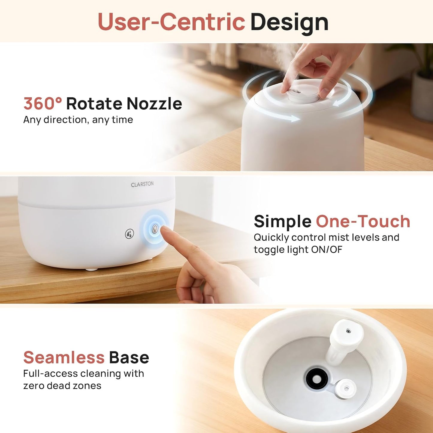 Clarston Humidifiers for Bedroom, 2L Top Fill with 360° Nozzle for Large Room, 7-Color Night Light, 24dB Quiet Cool Mist Air Humidifier for Baby Nursery & Plants, No BPA, Auto Shut Off, Easy to Clean