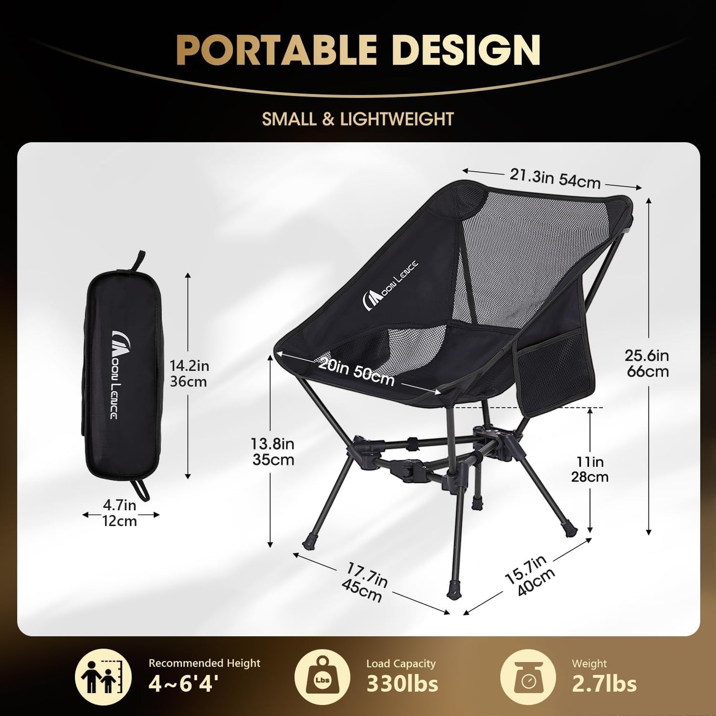 MOON LENCE Portable Camping Chair Backpacking Chair - The 4th Generation Ultralight Folding Chair - Compact, Lightweight Foldable Chairs for Hiking Mountaineering, Beach (Black-1Pack)