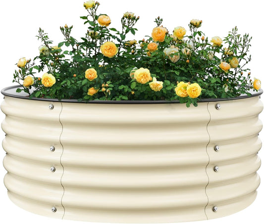 17'' Tall Round Raised Garden Bed Kit, Outdoor Zinc-Aluminum-Magnesium Metal Flower Beds Stainless Steel Patio Ground Planter for Planting Vegetables (Ivory)