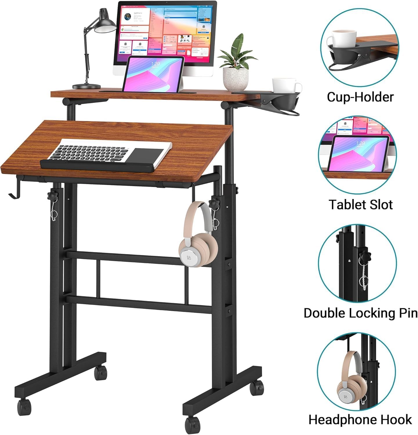 Klvied Stand Up Desk on Wheels, Portable Computer Desk for Home Office,Rolling Desk for Laptop with Removable Cup Holder, Adjustable Laptop Cart for Standing or Sitting,Walnut