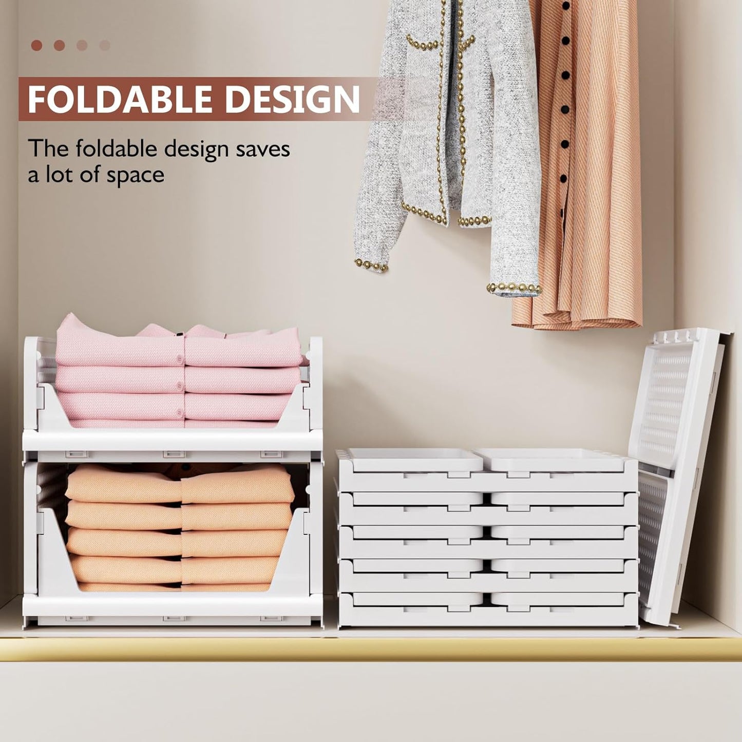 4 Pack Folding Closet Organizers Storage Box, Stackable Storage Bins, Plastic Drawer Basket Closet Storage for Wardrobe Cupboard Kitchen Bathroom Office White-4L