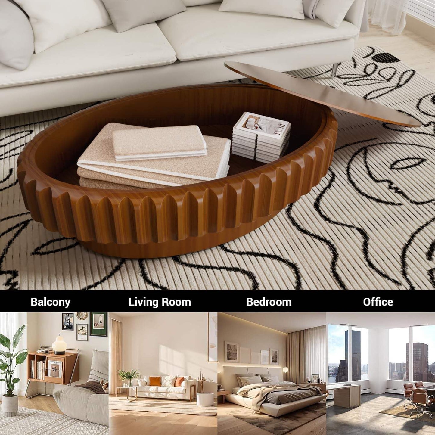 43.3" Oval Drum Fluted Coffee Table (N) | Mid-Century Modern, Easy Assembly, Sturdy Pedestal, Center Tables for Apartment Living Room