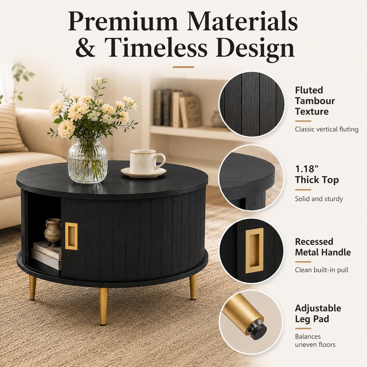 ARTPOWER 31.5" Round Coffee Table with Storage Mid Century Black Walnut | Easy Assembly,Solid Walnut,Heavy Duty,Flip Top Storage,Fluted Tambour Door,Water&Scratch Resistant Easy Clean,110lbs Capacity