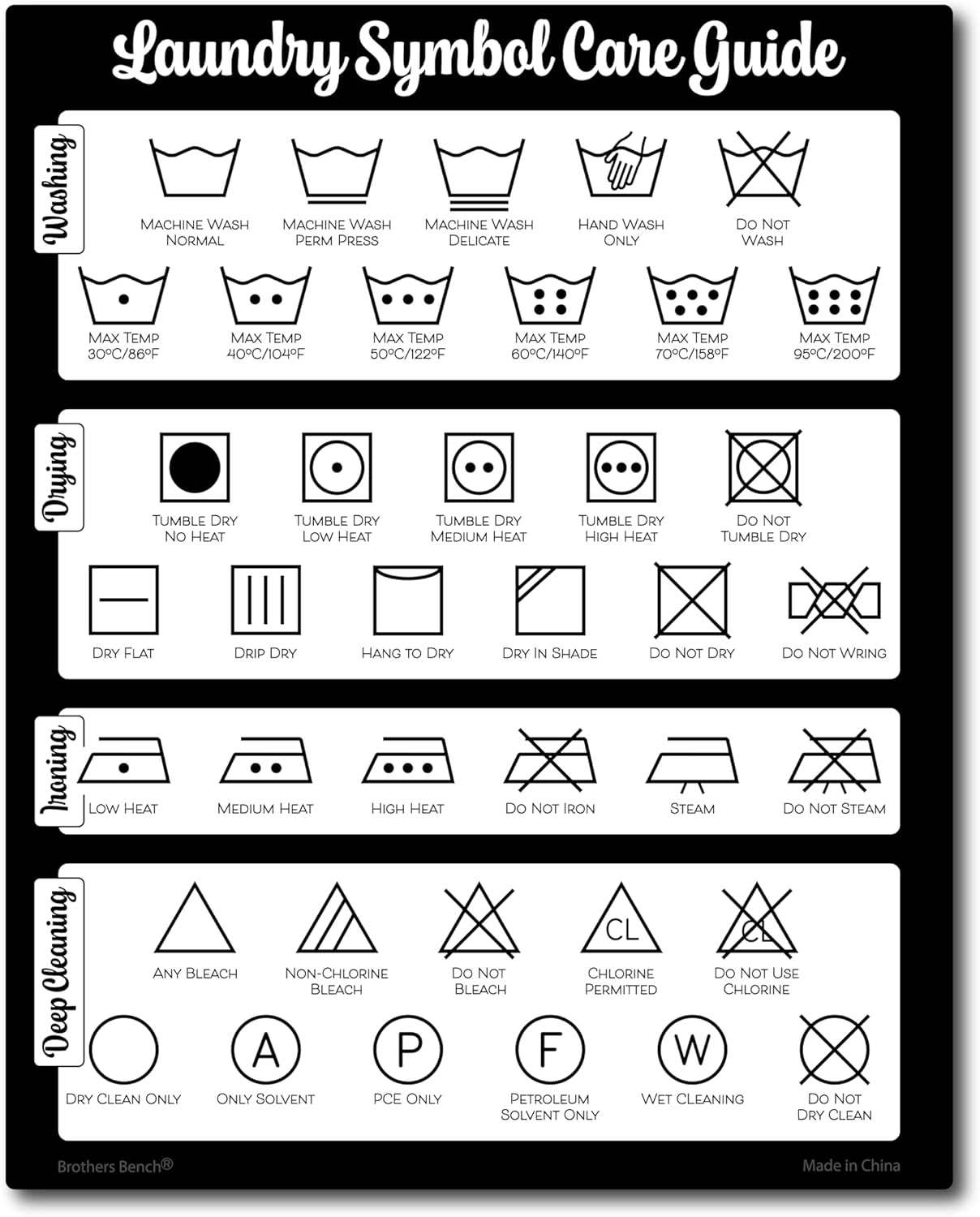 Farmhouse Laundry Symbols Magnet, 8x10 Laundry Symbols Chart, 39 Icons for Clothing Care Guide, Laundromat Care Symbol Wall Art for Home, Washing Room Sign Chart, Laundromat Room Organization & Decor