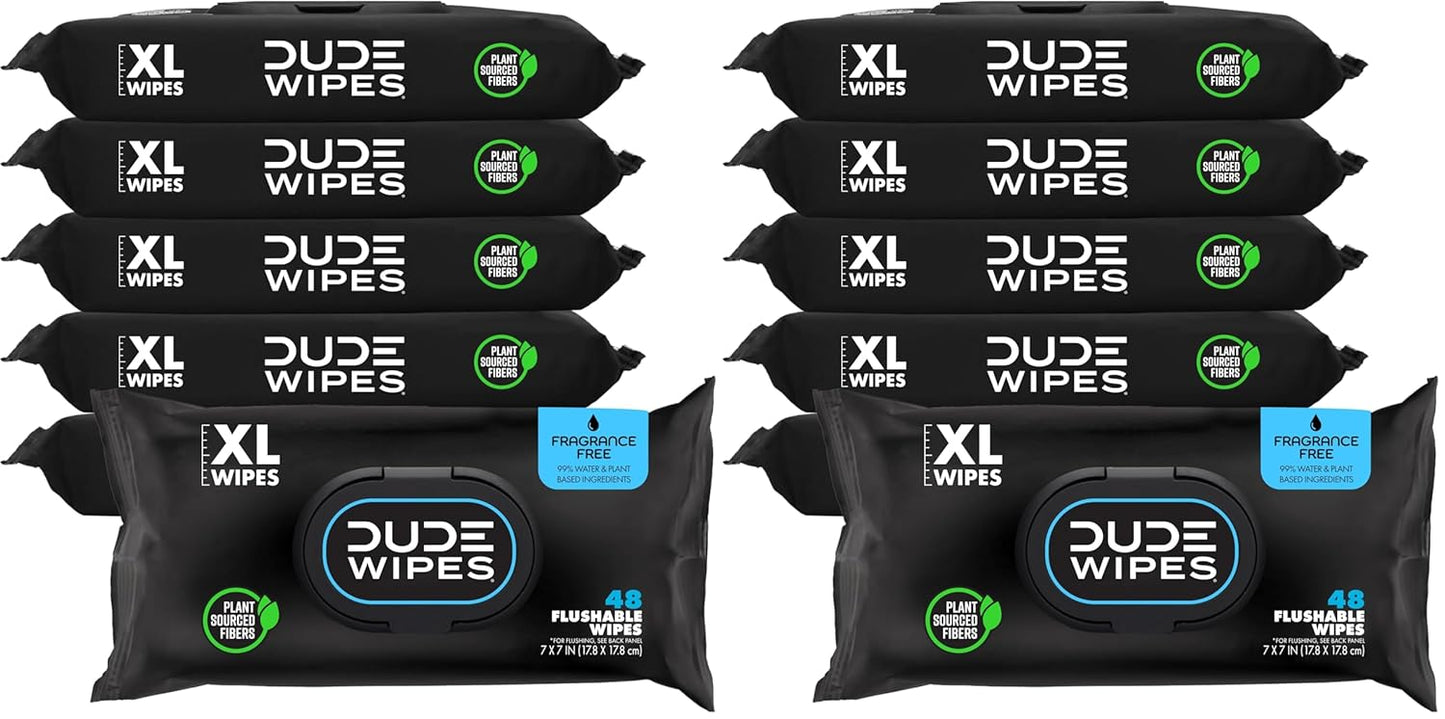 DUDE Wipes Unscented Flushable Wipes - Extra-Large Adult Wet Wipes for Sensitive Skin - 6 Pack (288 Count) - Infused with Vitamin E and Aloe - Septic and Sewer Safe