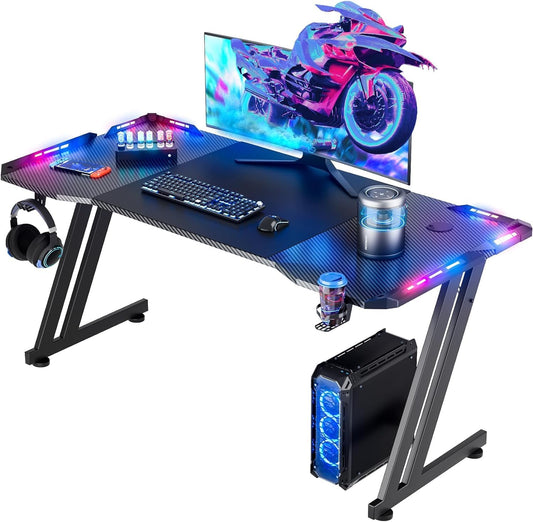 HLDIRECT 47 Inch Gaming Desk with LED Lights, Large RGB Computer Gaming Desk Table with Cup Holder Headphone Hook Mouse Pad, Ergonomic Modern Carbon Fiber Mesa Gamer Pc Work Home Office Desks, Black