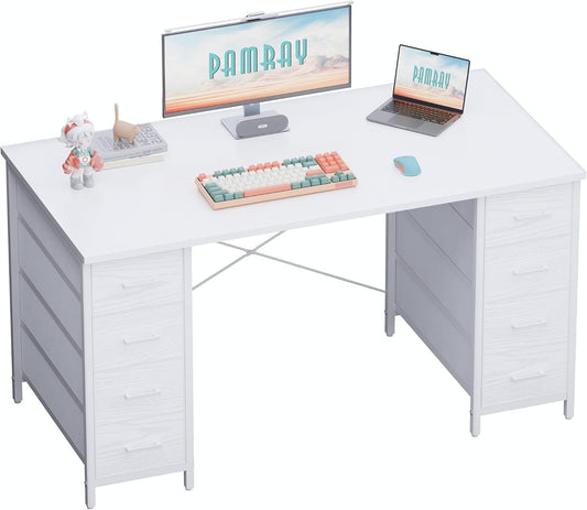 Pamray 47 Inch Computer Desk with 8 Fabric Drawers PC Gaming Desk Home Office Study Work Writing Table for Bedroom White