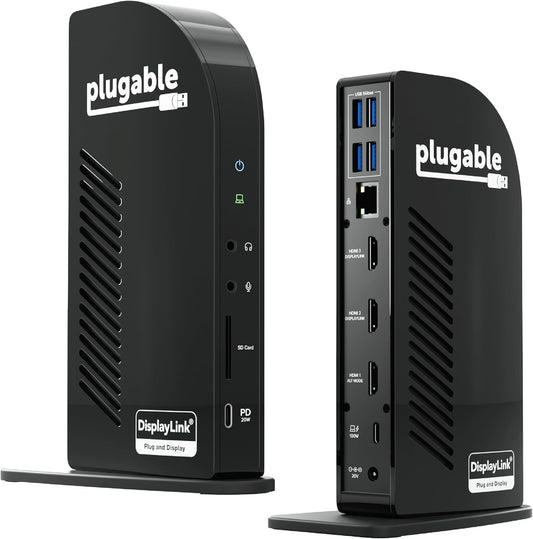 Plugable USB-C Triple Monitor Docking Station: 13-in-1 Laptop Dock with 100W Charging for Mac (DisplayLink Driver Required), Windows, Chrome, 3 HDMI, Gigabit Ethernet, SD, USB-C 20W, 4 USB - UD-ULTCDL