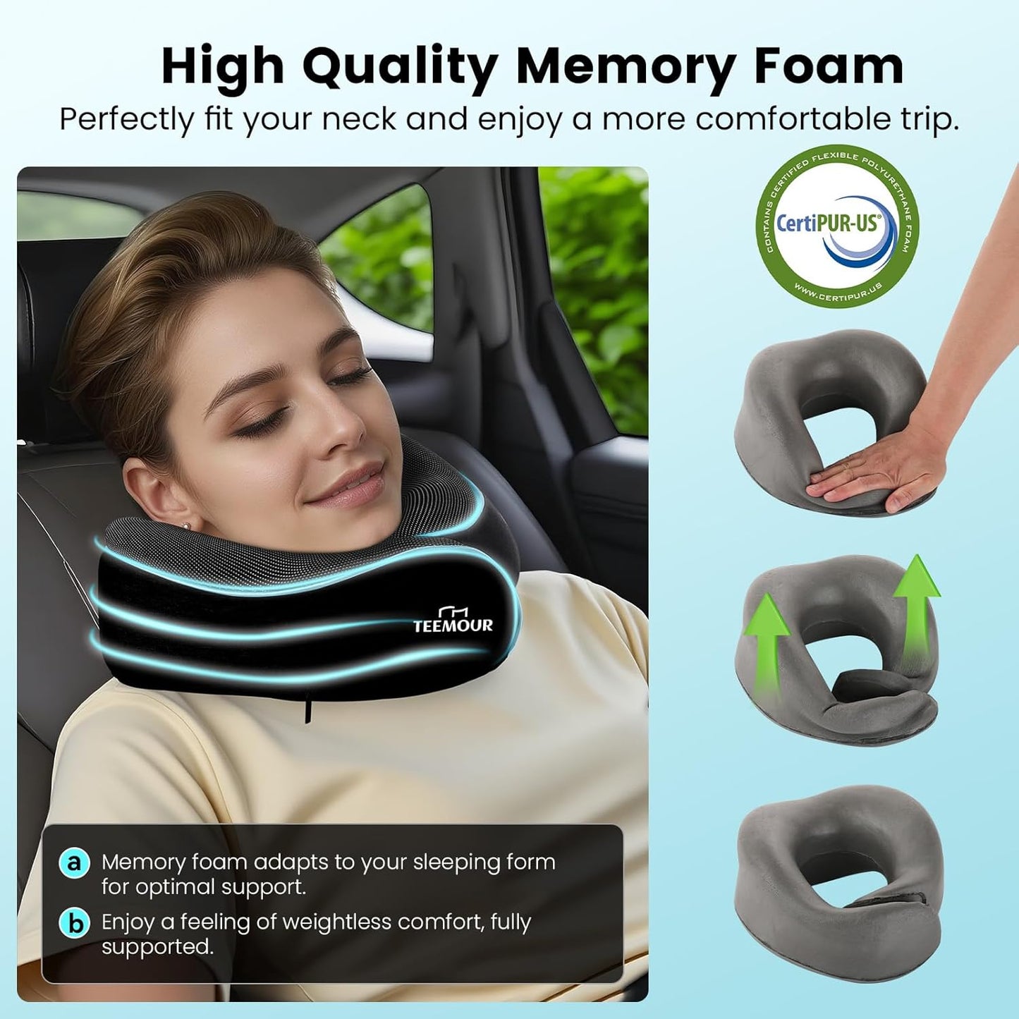Travel Pillow Neck Pillow for Airplane Travel Essentials - Memory Foam Travel Neck Pillow, Stops Head Bobbing With Eye Mask & Earplugs, Portable Carry Bag for Long Flights| Airplane Accessories Black