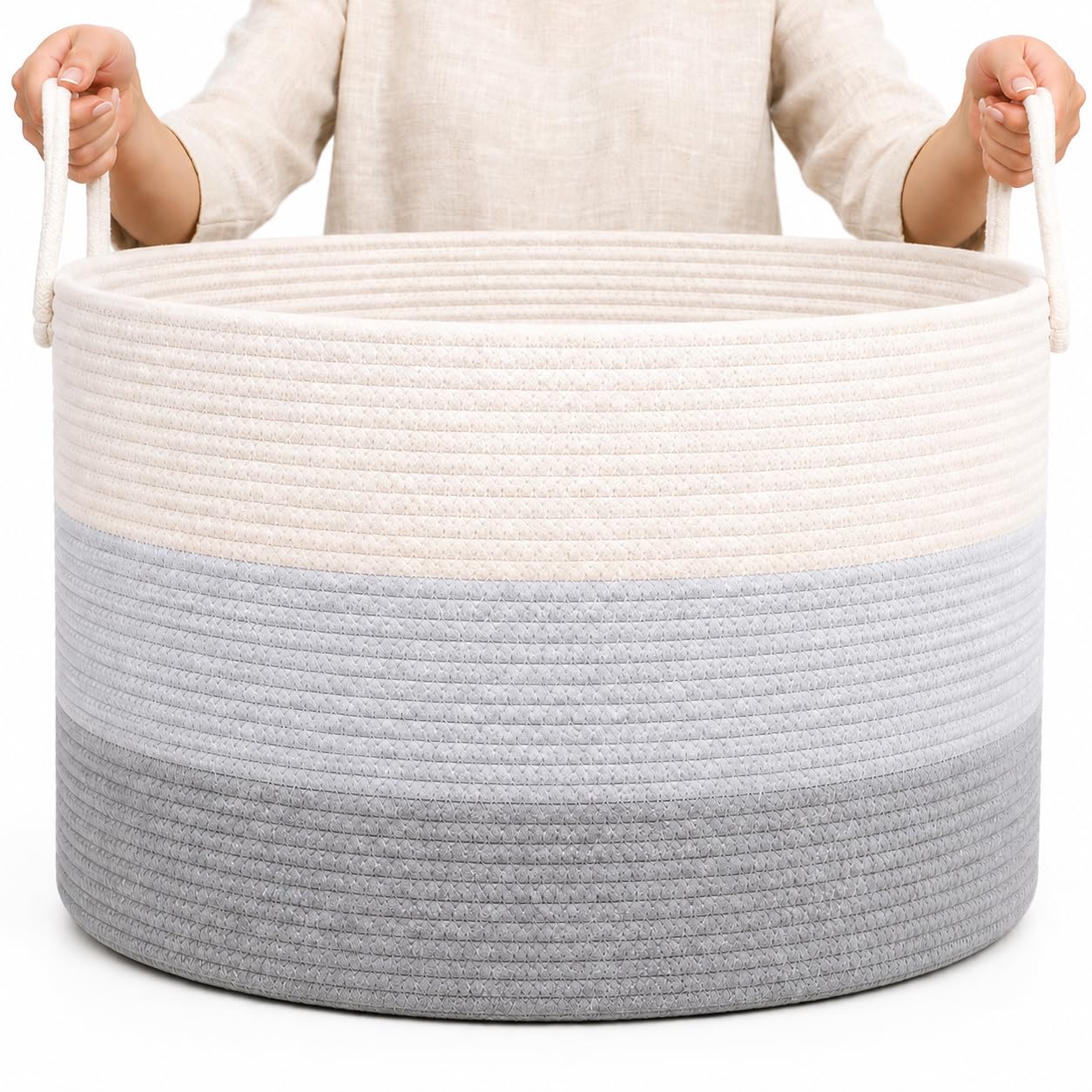 OrganiHaus Round Toy Basket & Blanket Basket, Cotton Rope 20x13" | 3-Toned Gray - Round Cotton Rope Basket, 20x13"