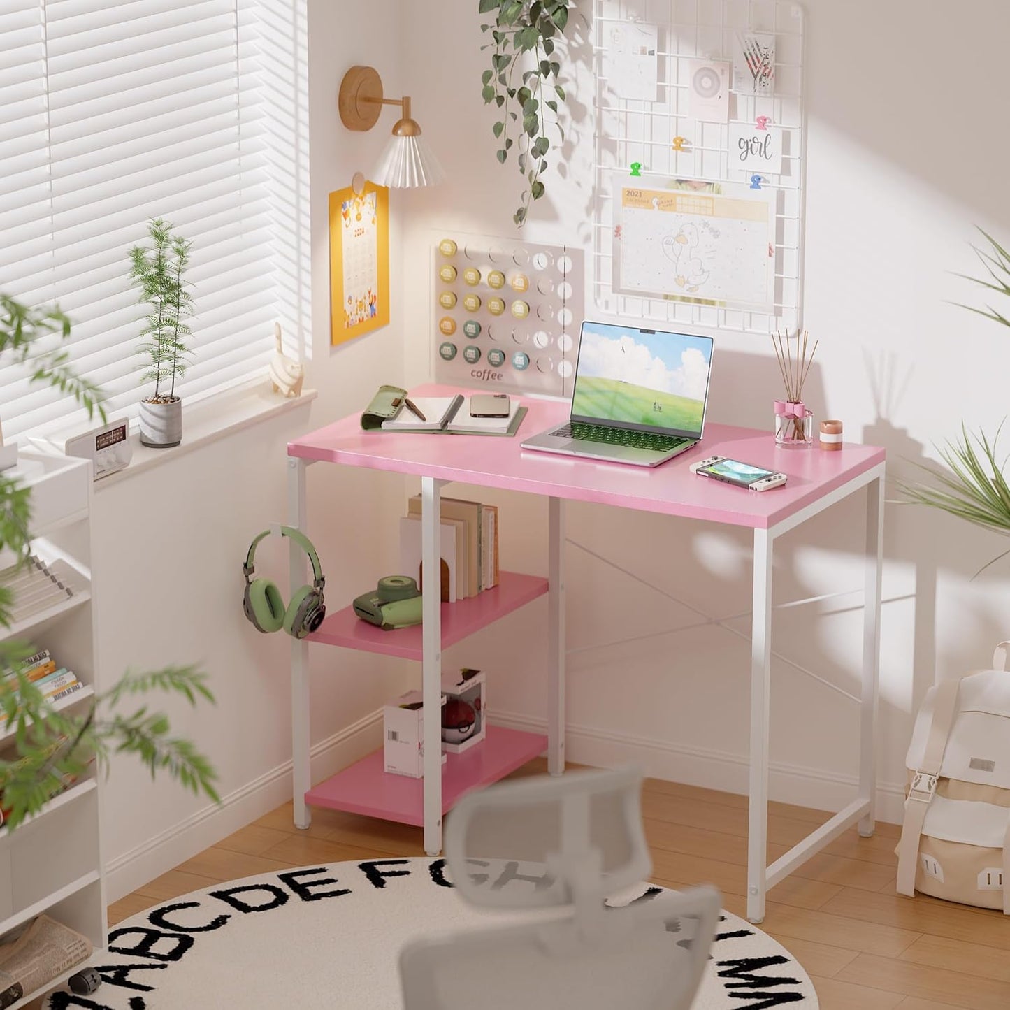 Pamray 32 Inch Small Computer Desk with Shelves, Home Office Desk with Headphone Hook for Bedroom, Study Writing PC Table for Small Spaces, Pink