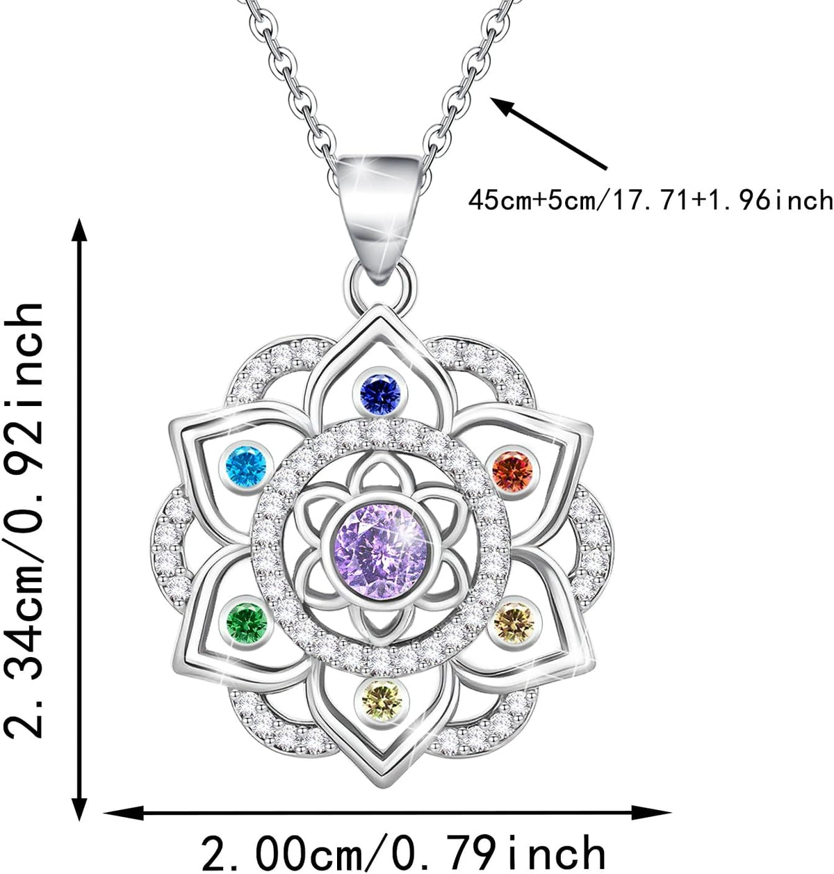 Lotus Necklace 925 Sterling Silver Chakra Flower Pendant Necklace 7 Colorful Rainbow Yoga Lotus Jewelry for Women Wife Mother's Day Birthday Valentines Gifts