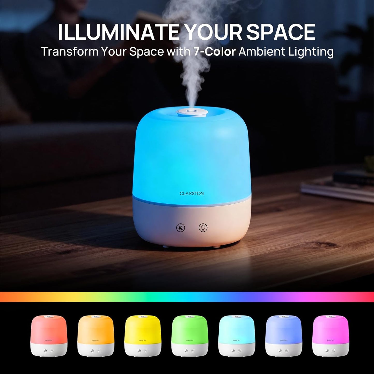 Clarston Humidifiers for Bedroom, 2L Top Fill with 360° Nozzle for Large Room, 7-Color Night Light, 24dB Quiet Cool Mist Air Humidifier for Baby Nursery & Plants, No BPA, Auto Shut Off, Easy to Clean