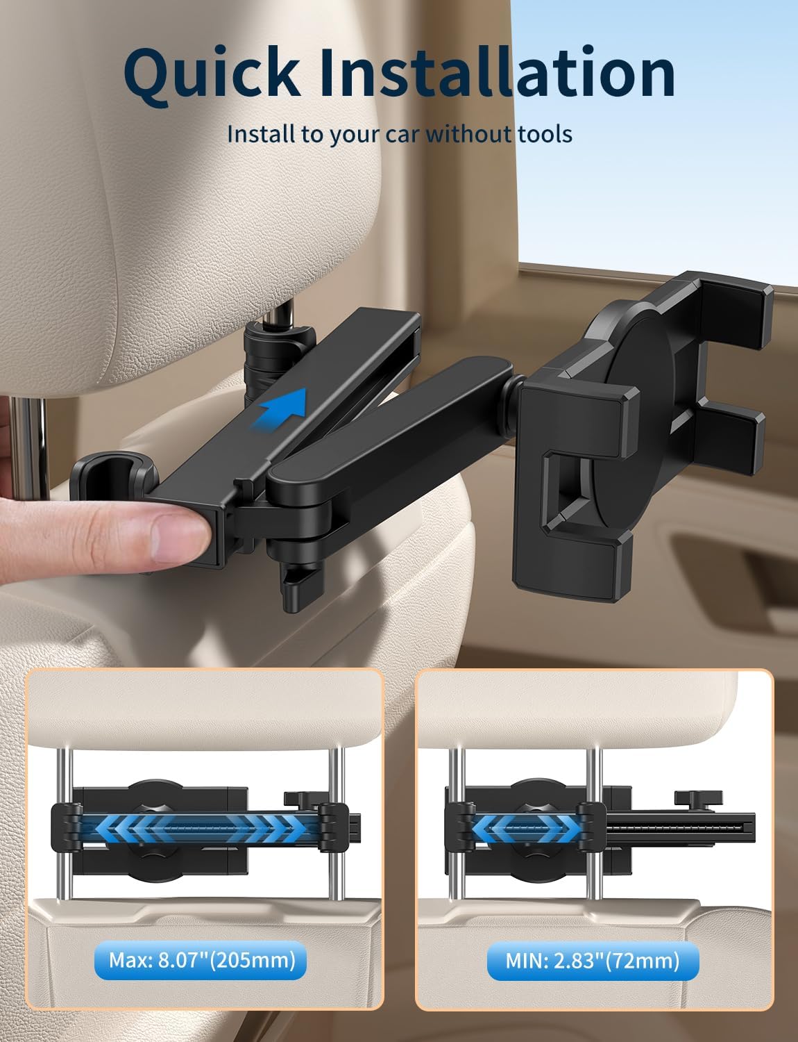 bokilino Tablet Holder for Car Headrest, [3 in 1 Adjustable Extension Arm] iPad Car Mount for Back Seat, Road Trip Essentials for Kids, for 4.7-12.9" Like iPad Pro, Air, Mini, Galaxy, Fire HD Tablet