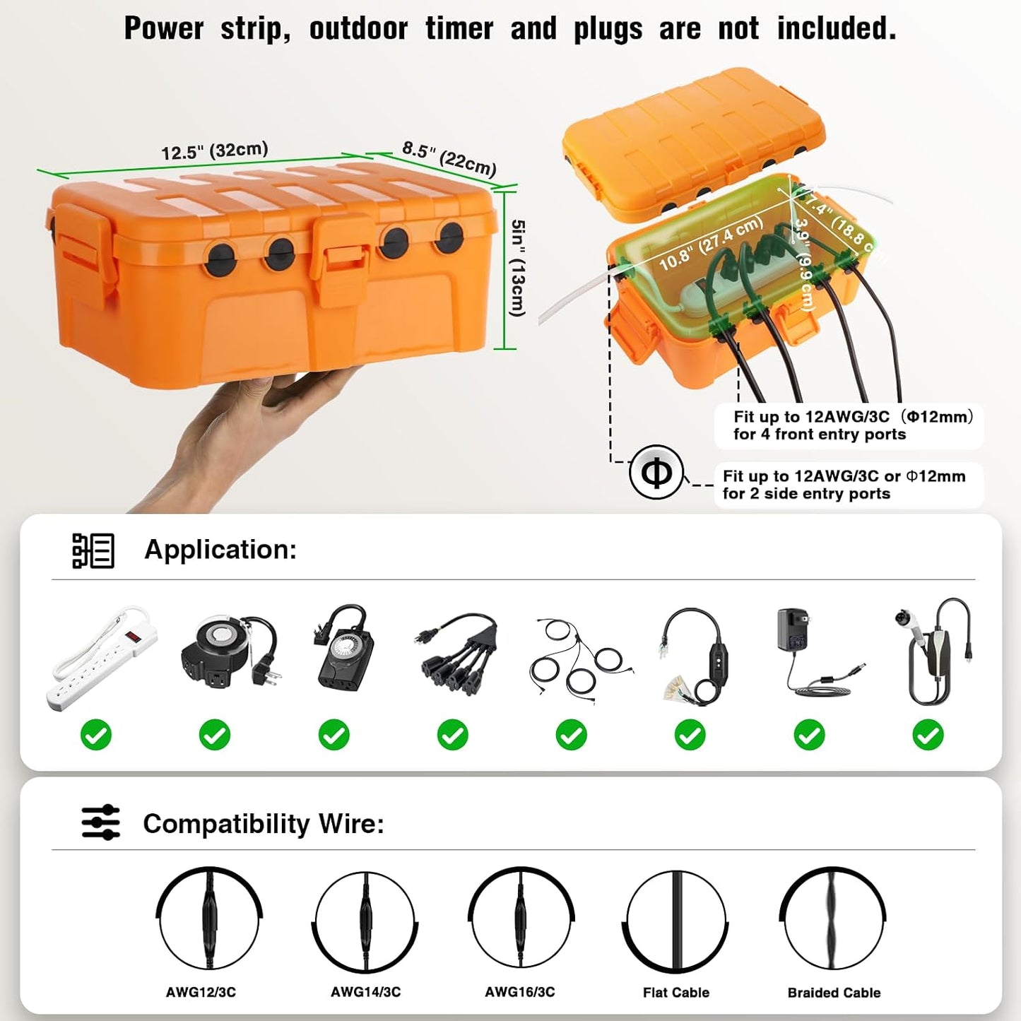 Flemoon Large Outdoor Electrical Box, Waterproof Extension Cord Cover | Inner Size 12 x 7.4 x 3.9Inch, 6 Cable Entry Ports, IP54 Weatherproof Connection Box for Outlet, Timer, Holiday Light, Orange