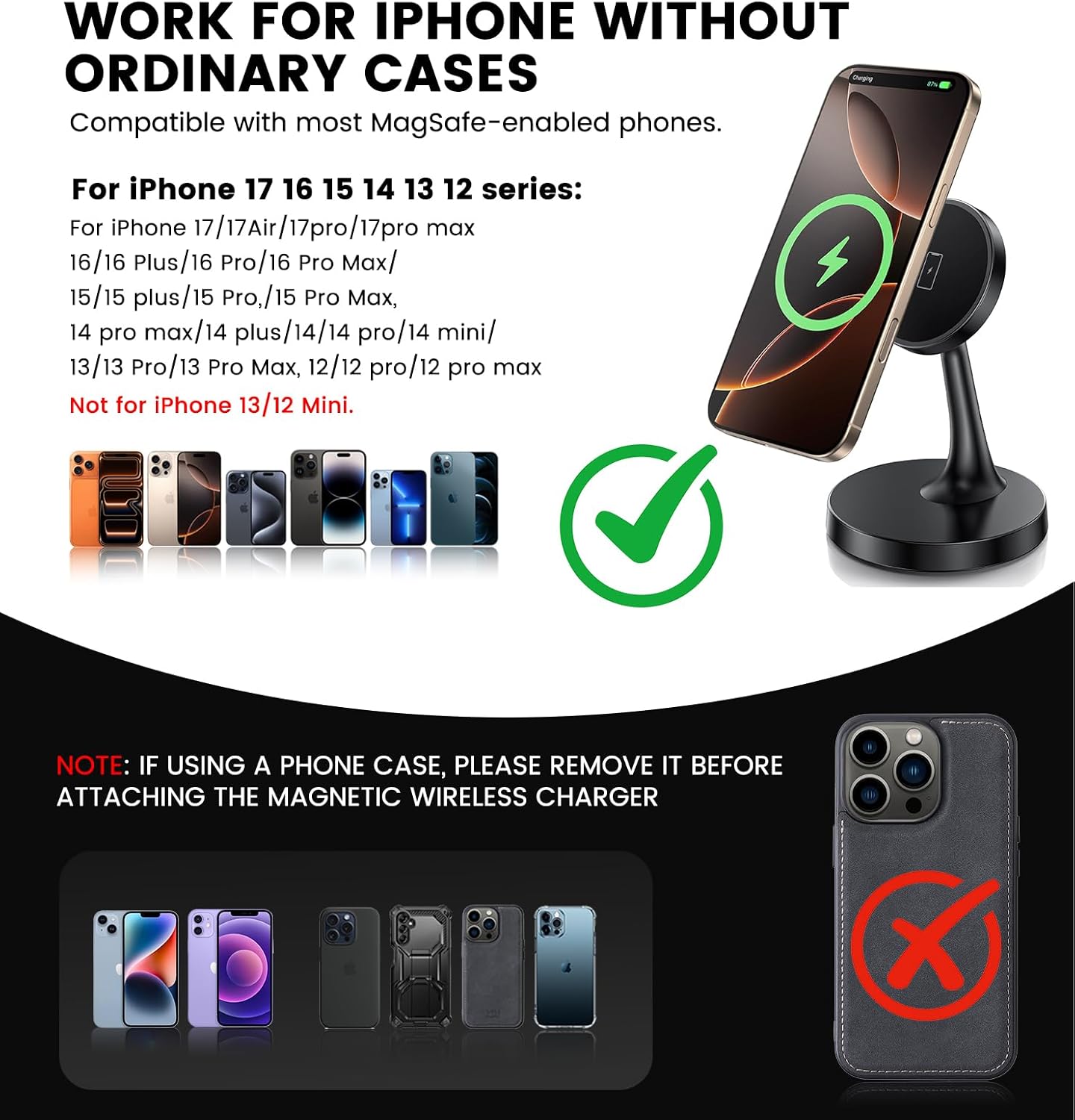 Magnetic Wireless Charger iPhone Stand 15W Fast Mag-Safe Charger for iPhone 17/17 Pro/17 Air/17 Pro Max 16/15/14/13/12 Series Apple Magnet Wireless Charging Station/Pad for AirPods