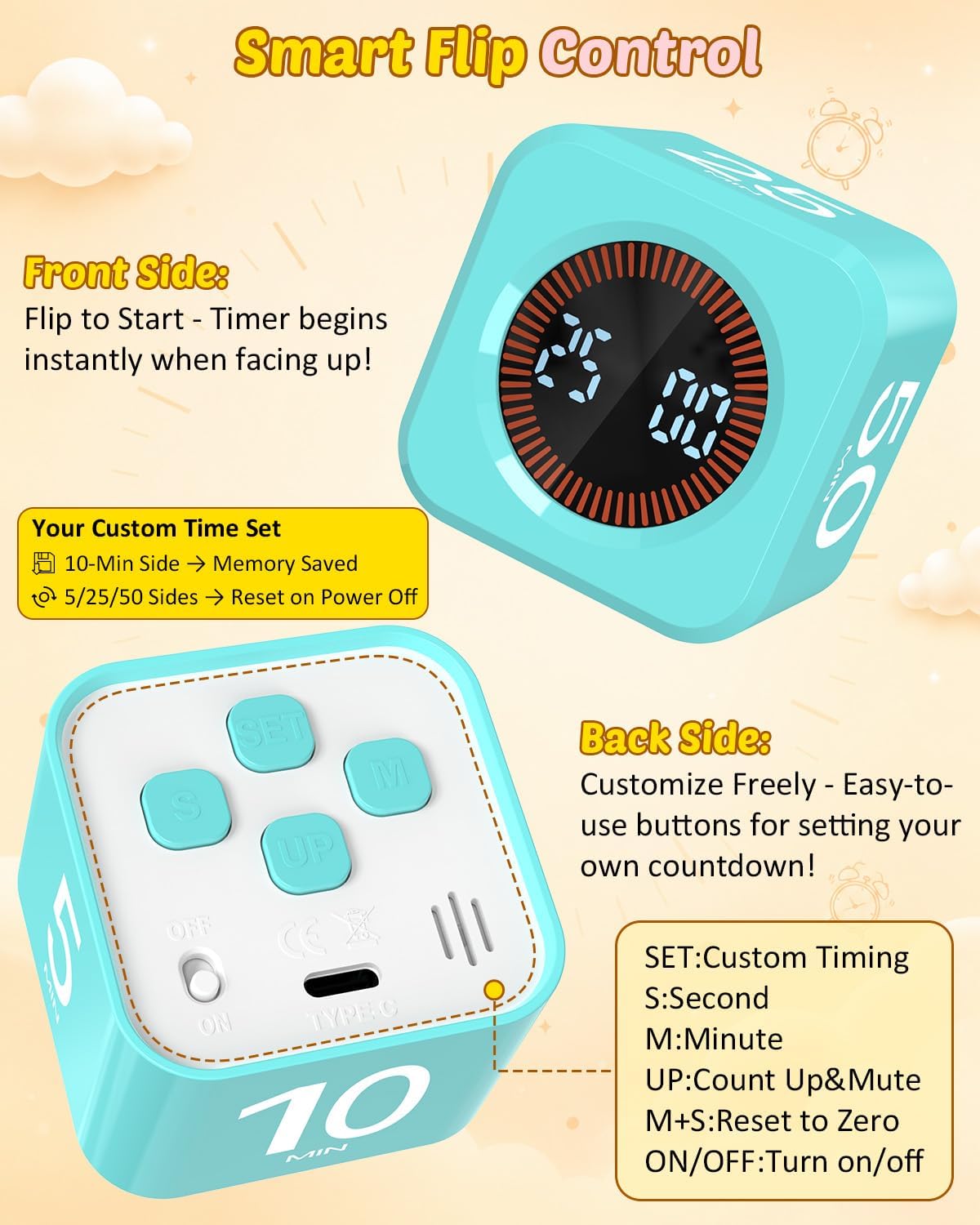 Digital Pomodoro Timer Cube 5/10/25/50min Preset, Silent & Sound Alarm