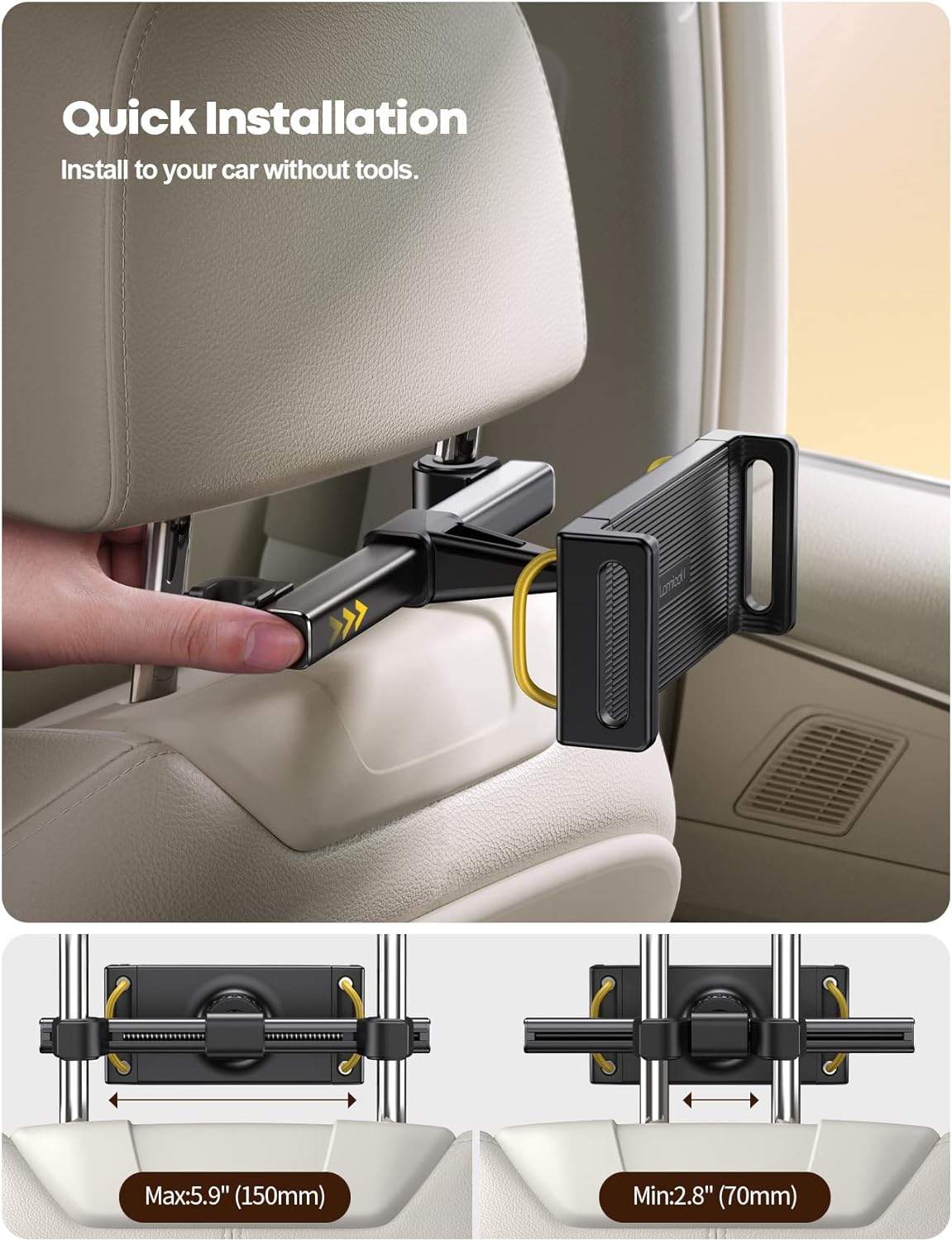 Lamicall Car Tablet Headrest Holder - Car Back Seat Headrest Tablet Mount Stand for Kids, Road Trip Essentials Accessories Gifts, for 2025 iPad Pro 11/13" Air Mini, iPhone, Galaxy Tab, 4.7-13" Devices