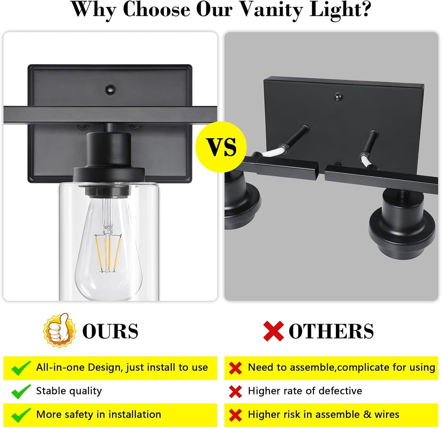 Ascher Bathroom Vanity Light Fixtures, 3 Light Wall Sconces Lighting with Clear Glass Shade, Black Wall Lights for Mirror, Kitchen, Living Room, Gallery, Hallway, E26 Base (Bulbs Not Included)